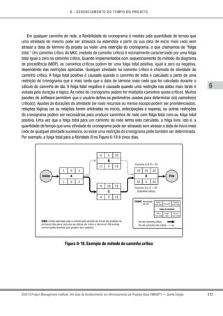 6 - GERENCIAMENTO DO TEMPO DO PROJETO
177
6
©2013 Project Management Institute. Um Guia do Conhecimento em Gerenciamento de Projetos (Guia PMBOK®
) — Quinta Edição
Em qualquer caminho de rede, a flexibilidade do cronograma é medida pela quantidade de tempo que
uma atividade do mesmo pode ser atrasada ou estendida a partir da sua data de início mais cedo sem
atrasar a data de término do projeto ou violar uma restrição do cronograma, o que chamamos de “folga
total.” Um caminho crítico do MCC (método do caminho crítico) é normalmente caracterizado por uma folga
total igual a zero no caminho crítico. Quando implementados com sequenciamento do método do diagrama
de precedência (MDP), os caminhos críticos podem ter uma folga total positiva, igual a zero ou negativa,
dependendo das restrições aplicadas. Qualquer atividade no caminho crítico é chamada de atividade de
caminho crítico. A folga total positiva é causada quando o caminho de volta é calculado a partir de uma
restrição do cronograma que é mais tarde que a data de término mais cedo que foi calculada durante o
cálculo do caminho de ida. A folga total negativa é causada quando uma restrição nas datas mais tarde é
violada pela duração e lógica. As redes do cronograma podem ter múltiplos caminhos quase críticos. Muitos
pacotes de software permitem que o usuário defina os parâmetros usados para determinar o(s) caminho(s)
crítico(s). Ajustes às durações da atividade (se mais recursos ou menos escopo podem ser providenciados),
relações lógicas (se as relações forem arbitradas no início), antecipações e esperas, ou outras restrições
do cronograma podem ser necessárias para produzir caminhos de rede com folga total zero ou folga total
positiva. Uma vez que a folga total para um caminho da rede tenha sido calculada, a folga livre, isto é, a
quantidade de tempo que uma atividade do cronograma pode ser atrasada sem atrasar a data de início mais
cedo de qualquer atividade sucessora, ou violar uma restrição do cronograma pode também ser determinada.
Por exemplo, a folga total para a Atividade B na Figura 6-18 é cinco dias.
Elo de caminho crítico
Elo de caminho não crítico
Atividade
no nó
Início FimA
1 5 5
1 0 5
C
6 10 15
6 0 15
B
6 5 10
11 5 15
D
16 15 30
16 0 30
Nome da atividade
Início
mais cedo Duração
Término
mais cedo
Início
mais tarde
Folga
total
Término
mais tarde
Caminho A–B–D = 25
Caminho A–C–D = 30
(Caminho crítico)
CHAVE
OBS.: Este exemplo usa a convenção aceita de início do projeto no
primeiro dia para calcular as datas de início e término. Há outras
convenções aceitas que podem ser usadas.
Figura 6-18. Exemplo de método do caminho crítico
 