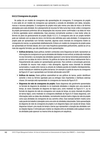 6 - GERENCIAMENTO DO TEMPO DO PROJETO
182 ©2013 Project Management Institute. Um Guia do Conhecimento em Gerenciamento de Projetos (Guia PMBOK®
) — Quinta Edição
6.6.3.2 Cronograma do projeto
As saídas de um modelo de cronograma são apresentações do cronograma. O cronograma do projeto
é uma saída de um modelo de cronograma que apresenta a conexão de atividades com datas, durações,
marcos e recursos planejados. O cronograma do projeto inclui pelo menos uma data de início e de término
planejadas para cada atividade. Se o planejamento de recursos for feito numa fase inicial, então o cronograma
do projeto permanecerá preliminar até as designações dos recursos serem confirmadas e as datas de início
e término agendadas serem estabelecidas. Esse processo normalmente acontece o mais tardar antes do
término do plano de gerenciamento do projeto (Seção 4.2.3.1). O cronograma alvo de um projeto também
pode ser realizado com as datas de início e de término alvo definidas para cada atividade. O cronograma do
projeto pode ser apresentado num formato resumido, algumas vezes chamado de cronograma mestre ou
cronograma de marcos, ou apresentado detalhadamente. Embora um modelo do cronograma de projeto possa
ser apresentado em formato tabular, ele é com mais frequência apresentado graficamente, usando-se um ou
mais dos seguinte formatos, que são classificados como apresentações:
•	 Gráficos de barras. Esses gráficos, também conhecidos como Diagramas de Gantt, representam as
informações do cronograma em que as atividades são listadas no eixo vertical,as datas são mostradas
no eixo horizontal, e as durações das atividades aparecem como barras horizontais posicionadas de
acordo com as datas de início e término. Os gráficos de barras são de leitura relativamente fácil e
frequentemente são usados em apresentações gerenciais. Para controle e comunicação gerencial,
a atividade de resumo mais ampla e mais abrangente, algumas vezes chamada de atividade
sumarizadora, é usada entre marcos ou através de múltiplos pacotes de trabalho interdependentes,
sendo mostrada em relatórios de gráfico de barras. Um exemplo é a parte de resumo do cronograma
da Figura 6-21 que é apresentada num formato estruturado como EAP.
•	 Gráficos de marcos. Esses gráficos assemelham-se aos gráficos de barras, porém identificam
somente o início ou término agendado para as entregas mais importantes e interfaces externas
chaves. Um exemplo está representado no cronograma de marcos da Figura 6-21.
•	 Diagramas de rede do cronograma do projeto. Esses diagramas são geralmente apresentados
no formato de diagrama de atividade no nó mostrando atividades e relações sem uma escala de
tempo, às vezes chamados de diagrama de lógica pura, como mostrado na Figura 6-11, ou no
formato de diagrama de rede do cronograma com escala de tempo, às vezes chamado de gráfico
de barras lógico, como mostrado no cronograma detalhado da Figura 6-21.Esses diagramas, com
informações sobre as datas das atividades, normalmente mostram tanto a lógica da rede do projeto
como suas atividades de cronograma de seu caminho crítico. Esse exemplo também mostra como
cada pacote de trabalho é planejado como uma série de atividades relacionadas. Outra apresentação
do diagrama de rede do cronograma do projeto é um diagrama lógico com escala de tempo. Esses
diagramas incluem uma escala de tempo e barras que representam a duração das atividades com
as relações lógicas. É otimizado para mostrar as relações entre as atividades onde qualquer número
de atividades pode aparecer na mesma linha do diagrama em sequência.
 