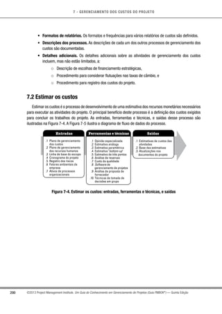 7 - GERENCIAMENTO DOS CUSTOS DO PROJETO
200 ©2013 Project Management Institute. Um Guia do Conhecimento em Gerenciamento de Projetos (Guia PMBOK®
) — Quinta Edição
•	 Formatos de relatórios. Os formatos e frequências para vários relatórios de custos são definidos.
•	 Descrições dos processos. As descrições de cada um dos outros processos de gerenciamento dos
custos são documentadas.
•	 Detalhes adicionais. Os detalhes adicionais sobre as atividades de gerenciamento dos custos
incluem, mas não estão limitados, a:
○○ Descrição de escolhas de financiamento estratégicas,
○○ Procedimento para considerar flutuações nas taxas de câmbio, e
○○ Procedimento para registro dos custos do projeto.
7.2 Estimar os custos
Estimar os custos é o processo de desenvolvimento de uma estimativa dos recursos monetários necessários
para executar as atividades do projeto. O principal benefício deste processo é a definição dos custos exigidos
para concluir os trabalhos do projeto. As entradas, ferramentas e técnicas, e saídas desse processo são
ilustradas na Figura 7-4. A Figura 7-5 ilustra o diagrama de fluxo de dados do processo.
Entradas Ferramentas e técnicas Saídas
.1 Plano de gerenciamento
dos custos
.2 Plano de gerenciamento
dos recursos humanos
.3 Linha de base do escopo
.4 Cronograma do projeto
.5 Registro dos riscos
.6 Fatores ambientais da
empresa
.7 Ativos de processos
organizacionais
.1 Opinião especializada
.2 Estimativa análoga
.3 Estimativa paramétrica
.4 Estimativa bottom-up
.5 Estimativa de três pontos
.6 Análise de reservas
.7 Custo da qualidade
.8 Software de
gerenciamento de projetos
.9 Análise de proposta de
fornecedor
.10 Técnicas de tomada de
decisões em grupo
.1 Estimativas de custos das
atividades
.2 Base das estimativas
.3 Atualizações nos
documentos do projeto
Figura 7-4. Estimar os custos: entradas, ferramentas e técnicas, e saídas
 