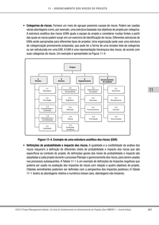 11 - GERENCIAMENTO DOS RISCOS DO PROJETO
317
11
©2013 Project Management Institute. Um Guia do Conhecimento em Gerenciamento de Projetos (Guia PMBOK®
) — Quinta Edição
•	 Categorias de riscos. Fornece um meio de agrupar possíveis causas de riscos. Podem ser usadas
várias abordagens como, por exemplo, uma estrutura baseada nos objetivos do projeto por categoria.
A estrutura analítica dos riscos (EAR) ajuda a equipe do projeto a considerar muitas fontes a partir
das quais os riscos podem surgir em um exercício de identificação de riscos. Diferentes estruturas de
EARs serão apropriadas para diferentes tipos de projetos. Uma organização pode usar uma estrutura
de categorização previamente preparada, que pode ter a forma de uma simples lista de categorias
ou ser estruturada em uma EAR. A EAR é uma representação hierárquica dos riscos, de acordo com
suas categorias de riscos. Um exemplo é apresentado na Figura 11-4.
Projeto
4
Gerenciamento
de projetos
4.1
Estimativa
4.2
Planejamento
4.3
Controle
4.4
Comunicação
1
Técnico
2
Externo
3
Organizacional
3.1
Dependências
do projeto
3.2
Recursos
3.3
Financiamento
3.4
Priorização
2.1
Subcontratadas e
fornecedores
2.2
Regulador
2.3
Mercado
2.4
Cliente
2.5
Condições
climáticas
1.1
Requisitos
1.2
Tecnologia
1.5
Qualidade
1.3
Complexidade e
interfaces
1.4
Desempenhos e
confiabilidade
Figura 11-4. Exemplo de uma estrutura analítica dos riscos (EAR)
•	 Definições de probabilidade e impacto dos riscos. A qualidade e a credibilidade da análise dos
riscos requerem a definição de diferentes níveis de probabilidade e impacto dos riscos que são
específicos ao contexto do projeto. As definições gerais dos níveis de probabilidade e impacto são
adaptadas a cada projeto durante o processo Planejar o gerenciamento dos riscos,para serem usadas
nos processos subsequentes. A Tabela 11-1 é um exemplo de definições de impactos negativos que
poderia ser usado na avaliação dos impactos de riscos com relação a quatro objetivos do projeto.
(Tabelas semelhantes poderiam ser definidas com a perspectiva dos impactos positivos.) A Tabela
11-1 ilustra as abordagens relativa e numérica (nesse caso, abordagens não lineares).
 