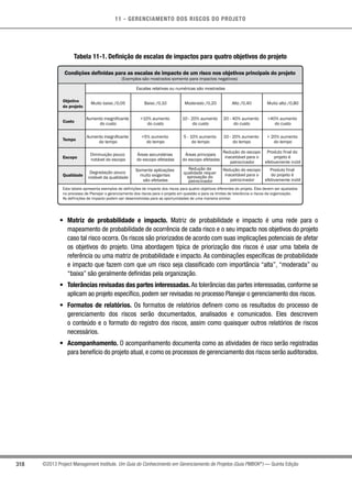 11 - GERENCIAMENTO DOS RISCOS DO PROJETO
318 ©2013 Project Management Institute. Um Guia do Conhecimento em Gerenciamento de Projetos (Guia PMBOK®
) — Quinta Edição
Tabela 11-1. Definição de escalas de impactos para quatro objetivos do projeto
Condições definidas para as escalas de impacto de um risco nos objetivos principais do projeto
(Exemplos são mostrados somente para impactos negativos)
Escalas relativas ou numéricas são mostradas
Esta tabela apresenta exemplos de definições de impacto dos riscos para quatro objetivos diferentes do projeto. Eles devem ser ajustados
no processo de Planejar o gerenciamento dos riscos para o projeto em questão e para os limites de tolerância a riscos da organização.
As definições de impacto podem ser desenvolvidas para as oportunidades de uma maneira similar.
Objetivo
do projeto
Custo
Tempo
Escopo
Qualidade
Muito baixo /0,05 Baixo /0,10 Moderado /0,20 Alto /0,40 Muito alto /0,80
Aumento insignificante
do custo
Aumento insignificante
do tempo
Diminuição pouco
notável do escopo
Degradação pouco
notável da qualidade
10% aumento
do custo
5% aumento
do tempo
Áreas secundárias
do escopo afetadas
Somente aplicações
muito exigentes
são afetadas
10 - 20% aumento
do custo
5 - 10% aumento
do tempo
Áreas principais
do escopo afetadas
Redução da
qualidade requer
aprovação do
patrocinador
20 - 40% aumento
do custo
10 - 20% aumento
do tempo
Redução do escopo
inaceitável para o
patrocinador
Redução do escopo
inaceitável para o
patrocinador
40% aumento
do custo
 20% aumento
do tempo
Produto final do
projeto é
efetivamente inútil
Produto final
do projeto é
efetivamente inútil
•	 Matriz de probabilidade e impacto. Matriz de probabilidade e impacto é uma rede para o
mapeamento de probabilidade de ocorrência de cada risco e o seu impacto nos objetivos do projeto
caso tal risco ocorra. Os riscos são priorizados de acordo com suas implicações potenciais de afetar
os objetivos do projeto. Uma abordagem típica de priorização dos riscos é usar uma tabela de
referência ou uma matriz de probabilidade e impacto. As combinações específicas de probabilidade
e impacto que fazem com que um risco seja classificado com importância “alta”, “moderada” ou
“baixa” são geralmente definidas pela organização.
•	 Tolerâncias revisadas das partes interessadas. As tolerâncias das partes interessadas, conforme se
aplicam ao projeto específico, podem ser revisadas no processo Planejar o gerenciamento dos riscos.
•	 Formatos de relatórios. Os formatos de relatórios definem como os resultados do processo de
gerenciamento dos riscos serão documentados, analisados e comunicados. Eles descrevem
o conteúdo e o formato do registro dos riscos, assim como quaisquer outros relatórios de riscos
necessários.
•	 Acompanhamento. O acompanhamento documenta como as atividades de risco serão registradas
para benefício do projeto atual, e como os processos de gerenciamento dos riscos serão auditorados.
 