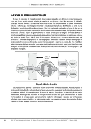 3 - PROCESSOS DE GERENCIAMENTO DE PROJETOS
54 ©2013 Project Management Institute. Um Guia do Conhecimento em Gerenciamento de Projetos (Guia PMBOK®
) — Quinta Edição
3.3 Grupo de processos de iniciação
O grupo de processos de iniciação consiste dos processos realizados para definir um novo projeto ou uma
nova fase de um projeto obtendo autorização para iniciar o projeto ou a fase. Nos processos de iniciação,
o escopo inicial é definido e os recursos financeiros iniciais são comprometidos. As partes interessadas
internas e externas que vão interagir e influenciar o resultado geral projeto são identificadas. Se ainda não foi
designado, o gerente do projeto será selecionado. Estas informações são capturadas no termo de abertura do
projeto e no registro das partes interessadas. Quando o termo de abertura é aprovado, o projeto é oficialmente
autorizado. Embora a equipe de gerenciamento do projeto possa ajudar a redigir o termo de abertura do
projeto, este padrão pressupõe que a avaliação, aprovação e o financiamento do caso de negócio são externos
aos limites do projeto (Figura 3-4). O limite de um projeto é definido como o momento determinado em que
o início ou a conclusão do projeto ou da fase do projeto é autorizado. O objetivo principal deste grupo de
processos é alinhar as expectativas das partes interessadas com o objetivo do projeto, dar-lhes visibilidade
sobre o escopo e objetivos, e mostrar como a sua participação no projetos e em suas respectivas fases pode
assegurar a realização das suas expectativas. Estes processos ajudam a estabelecer a visão do projeto, o que
precisa ser alcançado.
Limites do
projeto
Entregas
do projeto
Registros
do projeto
Usuários
finais
Ativos de
processos
Processos de
monitoramento e controle
Processos de
planejamento
Processos
de iniciação
Processos de
encerramento
Processos
de execução
Entradas
do projeto
Responsável
inicial/
patrocinador
do projeto
Figura 3-4. Limites do projeto
Os projetos muito grandes e complexos devem ser divididos em fases separadas. Nesses projetos, os
processos de iniciação são realizados durante fases subsequentes para validar as decisões tomadas durante
o processos originais de desenvolvimento do termo de abertura do projeto e de identificação das partes
interessadas. A execução dos processos de iniciação no início de cada fase ajuda a manter o foco do projeto
na necessidade da empresa para o qual o mesmo foi criado. Os critérios para o sucesso são verificados e a
influência, os acionadores/gatilho e os objetivos das partes interessadas no projeto são analisados. Então é
decidido se projeto deve ser continuado, adiado ou interrompido.
 