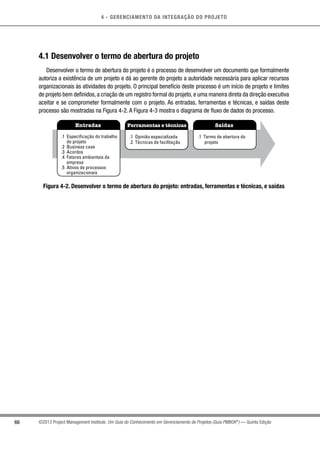 4 - GERENCIAMENTO DA INTEGRAÇÃO DO PROJETO
66 ©2013 Project Management Institute. Um Guia do Conhecimento em Gerenciamento de Projetos (Guia PMBOK®
) — Quinta Edição
4.1 Desenvolver o termo de abertura do projeto
Desenvolver o termo de abertura do projeto é o processo de desenvolver um documento que formalmente
autoriza a existência de um projeto e dá ao gerente do projeto a autoridade necessária para aplicar recursos
organizacionais às atividades do projeto. O principal benefício deste processo é um início de projeto e limites
de projeto bem definidos, a criação de um registro formal do projeto, e uma maneira direta da direção executiva
aceitar e se comprometer formalmente com o projeto. As entradas, ferramentas e técnicas, e saídas deste
processo são mostradas na Figura 4-2. A Figura 4-3 mostra o diagrama de fluxo de dados do processo.
Entradas Ferramentas e técnicas Saídas
.1 Especificação do trabalho
do projeto
.2 Business case
.3 Acordos
.4 Fatores ambientais da
empresa
.5 Ativos de processos
organizacionais
.1 Opinião especializada
.2 Técnicas de facilitação
.1 Termo de abertura do
projeto
Figura 4-2. Desenvolver o termo de abertura do projeto: entradas, ferramentas e técnicas, e saídas
 