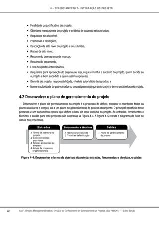 4 - GERENCIAMENTO DA INTEGRAÇÃO DO PROJETO
72 ©2013 Project Management Institute. Um Guia do Conhecimento em Gerenciamento de Projetos (Guia PMBOK®
) — Quinta Edição
•	 Finalidade ou justificativa do projeto,
•	 Objetivos mensuráveis do projeto e critérios de sucesso relacionados;
•	 Requisitos de alto nível,
•	 Premissas e restrições,
•	 Descrição de alto nível do projeto e seus limites,
•	 Riscos de alto nível,
•	 Resumo do cronograma de marcos,
•	 Resumo do orçamento,
•	 Lista das partes interessadas,
•	 Requisitos para aprovação do projeto (ou seja, o que constitui o sucesso do projeto, quem decide se
o projeto é bem sucedido e quem assina o projeto),
•	 Gerente do projeto, responsabilidade, nível de autoridade designados, e
•	 Nome e autoridade do patrocinador ou outra(s) pessoa(s) que autoriza(m) o termo de abertura do projeto.
4.2 Desenvolver o plano de gerenciamento do projeto
Desenvolver o plano de gerenciamento do projeto é o processo de definir, preparar e coordenar todos os
planos auxiliares e integrá-los a um plano de gerenciamento de projeto abrangente. O principal benefício deste
processo é um documento central que define a base de todo trabalho do projeto. As entradas, ferramentas e
técnicas, e saídas para este processo são ilustradas na Figura 4-4.A Figura 4-5 retrata o diagrama de fluxo de
dados dos processos.
Entradas Ferramentas e técnicas Saídas
.1 Termo de abertura do
projeto
.2 Saídas de outros
processos
.3 Fatores ambientais da
empresa
.4 Ativos de processos
organizacionais
.1 Opinião especializada
.2 Técnicas de facilitação
.1 Plano de gerenciamento
do projeto
Figura 4-4. Desenvolver o termo de abertura do projeto: entradas, ferramentas e técnicas, e saídas
 