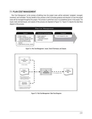 235
• Project
charter
7.1 PLAN COST MANAGEMENT
Plan Cost Management is the process of defining how the project costs will be estimated, budgeted, managed,
monitored, and controlled. The key benefit of this process is that it provides guidance and direction on how the project
costs will be managed throughout the project. This process is performed once or at predefined points in the project. The
inputs, tools and techniques, and outputs of this process are depicted in Figure 7-2. Figure 7-3 depicts the data flow
diagram of the process.
Plan Cost Management
Inputs Tools & Techniques Outputs
.1 Project charter
.2 Project management plan
• Schedule management plan
• Risk management plan
.3 Enterprise environmental
factors
.4 Organizational process assets
.1 Expert judgment
.2 Data analysis
• Alternative analysis
.3 Meetings
.1 Cost management plan
Figure 7-2. Plan Cost Management: Inputs, Tools & Techniques, and Outputs
4.1
Develop Project
Charter
• Project charter
Project
Management
Plan
7.1
Plan Cost
Management • Cost management plan
Project
Management
Plan
Project management plan
• Schedule management plan
• Risk management plan
Enterprise/
Organization
• Enterprise environmental factors
• Organizational process assets
Figure 7-3. Plan Cost Management: Data Flow Diagram
 