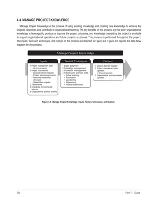 98 Part 1 - Guide
4.4 MANAGE PROJECT KNOWLEDGE
Manage Project Knowledge is the process of using existing knowledge and creating new knowledge to achieve the
project’s objectives and contribute to organizational learning.The key benefits of this process are that prior organizational
knowledge is leveraged to produce or improve the project outcomes, and knowledge created by the project is available
to support organizational operations and future projects or phases. This process is performed throughout the project.
The inputs, tools and techniques, and outputs of the process are depicted in Figure 4-8. Figure 4-9 depicts the data flow
diagram for the process.
Manage Project Knowledge
Inputs Tools & Techniques Outputs
.1 Project management plan
• All components
.2 Project documents
• Lessons learned register
• Project team assignments
• Resource breakdown
structure
• Stakeholder register
.3 Deliverables
.4 Enterprise environmental
factors
.5 Organizational process assets
.1 Expert judgment
.2 Knowledge management
.3 Information management
.4 Interpersonal and team skills
• Active listening
• Facilitation
• Leadership
• Networking
• Political awareness
.1 Lessons learned register
.2 Project management plan
updates
• Any component
.3 Organizational process assets
updates
Figure 4-8. Manage Project Knowledge: Inputs, Tools & Techniques, and Outputs
 