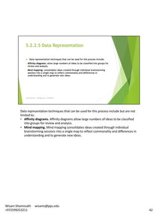 Data	representation	techniques	that	can	be	used	for	this	process	include	but	are	not	
limited	to:	
• Affinity	diagrams.	Affinity	diagrams	allow	large	numbers	of	ideas	to	be	classified	
into	groups	for	review	and	analysis.	
• Mind	mapping.	Mind	mapping	consolidates	ideas	created	through	individual	
brainstorming	sessions	into	a	single	map	to	reflect	commonality	and	differences	in	
understanding	and	to	generate	new	ideas.	
42
Wisam	Shamroukh					wisams@ppu.edu					
+972599253211
 