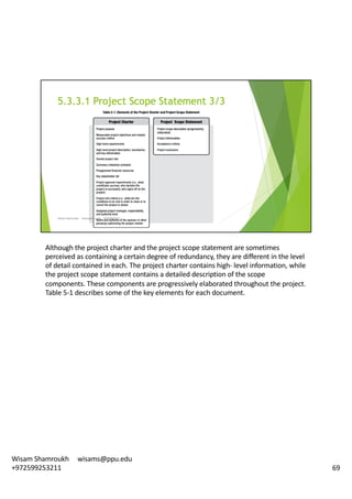 Although	the	project	charter	and	the	project	scope	statement	are	sometimes	
perceived	as	containing	a	certain	degree	of	redundancy,	they	are	different	in	the	level	
of	detail	contained	in	each.	The	project	charter	contains	high- level	information,	while	
the	project	scope	statement	contains	a	detailed	description	of	the	scope	
components.	These	components	are	progressively	elaborated	throughout	the	project.	
Table	5-1	describes	some	of	the	key	elements	for	each	document.	
69
Wisam	Shamroukh					wisams@ppu.edu					
+972599253211
 