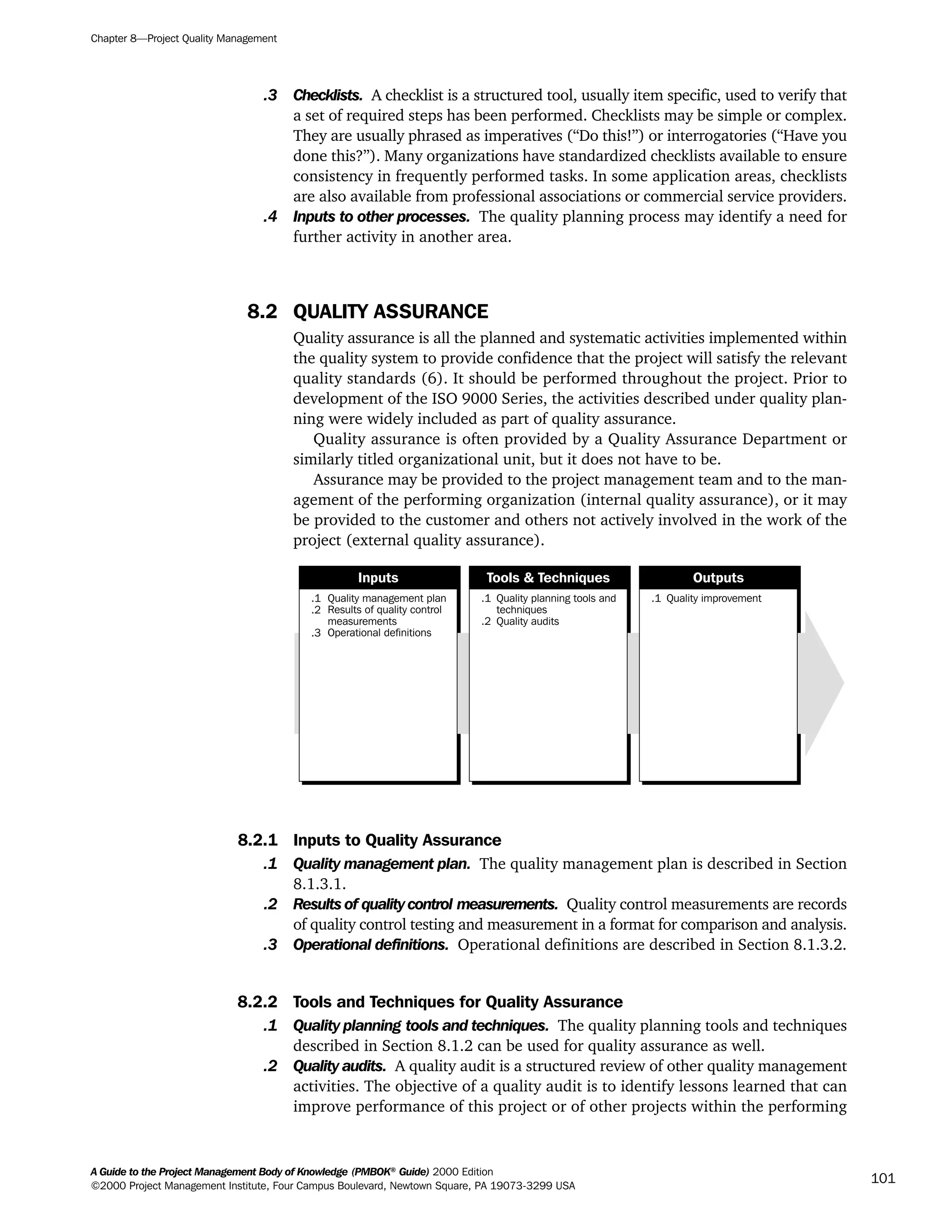 .3 Checklists. A checklist is a structured tool, usually item specific, used to verify that
a set of required steps has been performed. Checklists may be simple or complex.
They are usually phrased as imperatives (“Do this!”) or interrogatories (“Have you
done this?”). Many organizations have standardized checklists available to ensure
consistency in frequently performed tasks. In some application areas, checklists
are also available from professional associations or commercial service providers.
.4 Inputs to other processes. The quality planning process may identify a need for
further activity in another area.
8.2 QUALITY ASSURANCE
Quality assurance is all the planned and systematic activities implemented within
the quality system to provide confidence that the project will satisfy the relevant
quality standards (6). It should be performed throughout the project. Prior to
development of the ISO 9000 Series, the activities described under quality plan-
ning were widely included as part of quality assurance.
Quality assurance is often provided by a Quality Assurance Department or
similarly titled organizational unit, but it does not have to be.
Assurance may be provided to the project management team and to the man-
agement of the performing organization (internal quality assurance), or it may
be provided to the customer and others not actively involved in the work of the
project (external quality assurance).
8.2.1 Inputs to Quality Assurance
.1 Quality management plan. The quality management plan is described in Section
8.1.3.1.
.2 Results of quality control measurements. Quality control measurements are records
of quality control testing and measurement in a format for comparison and analysis.
.3 Operational definitions. Operational definitions are described in Section 8.1.3.2.
8.2.2 Tools and Techniques for Quality Assurance
.1 Quality planning tools and techniques. The quality planning tools and techniques
described in Section 8.1.2 can be used for quality assurance as well.
.2 Quality audits. A quality audit is a structured review of other quality management
activities. The objective of a quality audit is to identify lessons learned that can
improve performance of this project or of other projects within the performing
.1
.2
.3
Quality management plan
Results of quality control
measurements
Operational definitions
.1
.2
Quality planning tools and
techniques
Quality audits
.1 Quality improvement
Inputs Tools & Techniques Outputs
Chapter 8—Project Quality Management
A Guide to the Project Management Body of Knowledge (PMBOK®
Guide) 2000 Edition
©2000 Project Management Institute, Four Campus Boulevard, Newtown Square, PA 19073-3299 USA
101
A Guide to the
Project
Management
Body of
Knowledge
❍ NAVIGATION LINKS
❍ ACROYMNS LIST
SAMPLE
A Guide to the
Project
Management
Body of
Knowledge
❍ ACRONYMS LIST
❍ ACROYMNS LIST
SAMPLE
 