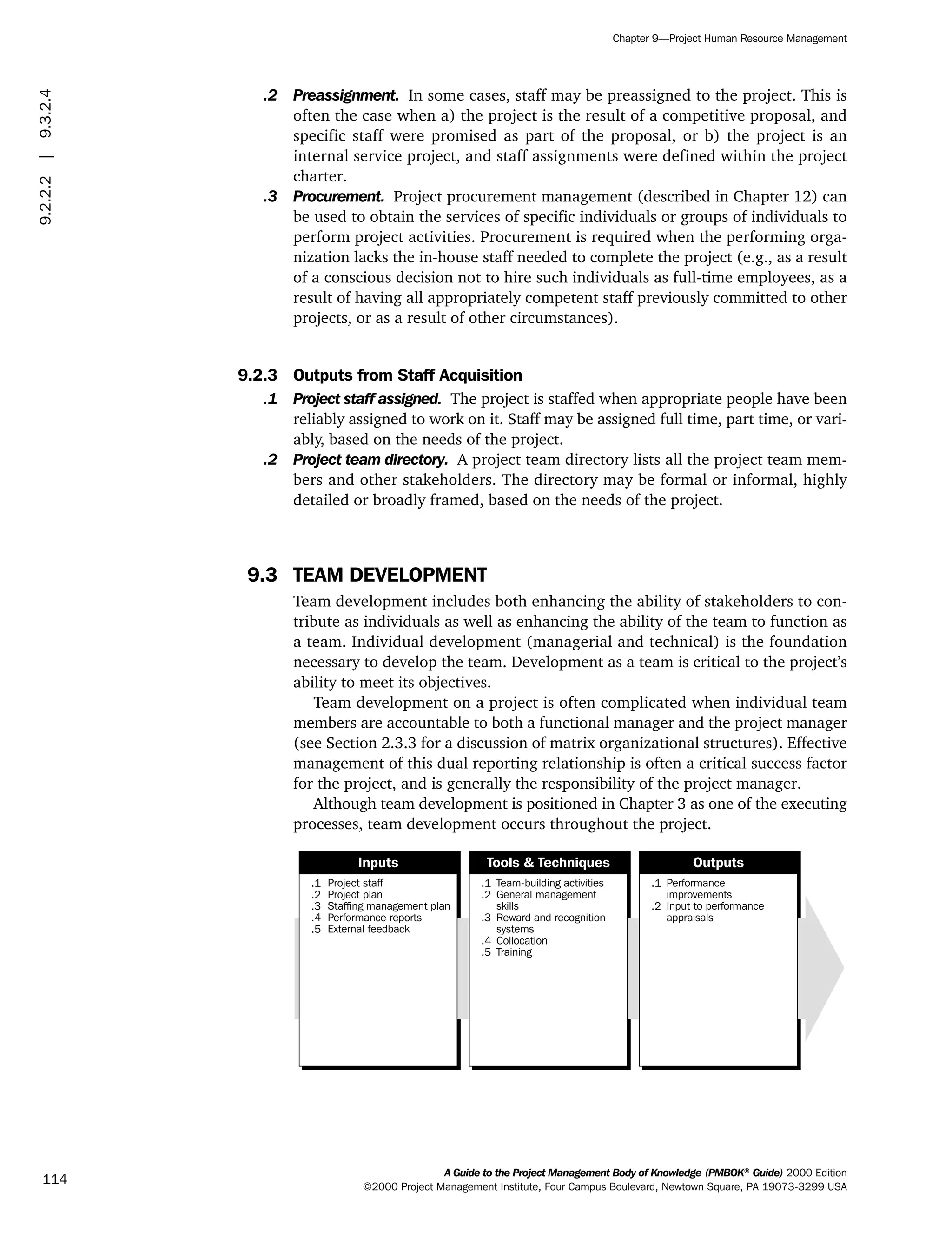.2 Preassignment. In some cases, staff may be preassigned to the project. This is
often the case when a) the project is the result of a competitive proposal, and
specific staff were promised as part of the proposal, or b) the project is an
internal service project, and staff assignments were defined within the project
charter.
.3 Procurement. Project procurement management (described in Chapter 12) can
be used to obtain the services of specific individuals or groups of individuals to
perform project activities. Procurement is required when the performing orga-
nization lacks the in-house staff needed to complete the project (e.g., as a result
of a conscious decision not to hire such individuals as full-time employees, as a
result of having all appropriately competent staff previously committed to other
projects, or as a result of other circumstances).
9.2.3 Outputs from Staff Acquisition
.1 Project staff assigned. The project is staffed when appropriate people have been
reliably assigned to work on it. Staff may be assigned full time, part time, or vari-
ably, based on the needs of the project.
.2 Project team directory. A project team directory lists all the project team mem-
bers and other stakeholders. The directory may be formal or informal, highly
detailed or broadly framed, based on the needs of the project.
9.3 TEAM DEVELOPMENT
Team development includes both enhancing the ability of stakeholders to con-
tribute as individuals as well as enhancing the ability of the team to function as
a team. Individual development (managerial and technical) is the foundation
necessary to develop the team. Development as a team is critical to the project’s
ability to meet its objectives.
Team development on a project is often complicated when individual team
members are accountable to both a functional manager and the project manager
(see Section 2.3.3 for a discussion of matrix organizational structures). Effective
management of this dual reporting relationship is often a critical success factor
for the project, and is generally the responsibility of the project manager.
Although team development is positioned in Chapter 3 as one of the executing
processes, team development occurs throughout the project.
.1
.2
.3
.4
.5
Project staff
Project plan
Staffing management plan
Performance reports
External feedback
.1
.2
.3
.4
.5
Team-building activities
General management
skills
Reward and recognition
systems
Collocation
Training
.1
.2
Performance
improvements
Input to performance
appraisals
Inputs Tools & Techniques Outputs
A Guide to the Project Management Body of Knowledge (PMBOK®
Guide) 2000 Edition
©2000 Project Management Institute, Four Campus Boulevard, Newtown Square, PA 19073-3299 USA
Chapter 9—Project Human Resource Management
114
9.2.2.2|9.3.2.4
ment
ge
❍ NAVIGATION LINKS
❍ ACROYMNS LIST
PLE
ment
ge
❍ ACRONYMS LIST
❍ ACROYMNS LIST
PLE
 