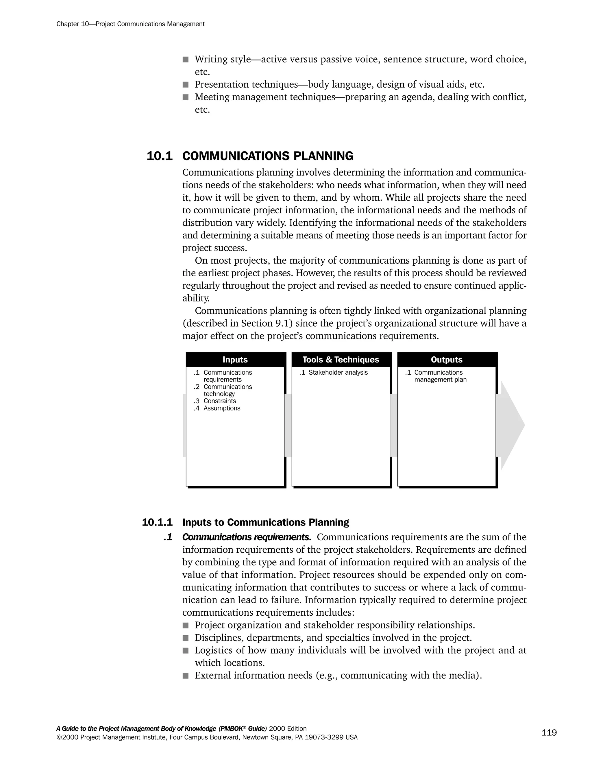 s Writing style—active versus passive voice, sentence structure, word choice,
etc.
s Presentation techniques—body language, design of visual aids, etc.
s Meeting management techniques—preparing an agenda, dealing with conflict,
etc.
10.1 COMMUNICATIONS PLANNING
Communications planning involves determining the information and communica-
tions needs of the stakeholders: who needs what information, when they will need
it, how it will be given to them, and by whom. While all projects share the need
to communicate project information, the informational needs and the methods of
distribution vary widely. Identifying the informational needs of the stakeholders
and determining a suitable means of meeting those needs is an important factor for
project success.
On most projects, the majority of communications planning is done as part of
the earliest project phases. However, the results of this process should be reviewed
regularly throughout the project and revised as needed to ensure continued applic-
ability.
Communications planning is often tightly linked with organizational planning
(described in Section 9.1) since the project’s organizational structure will have a
major effect on the project’s communications requirements.
10.1.1 Inputs to Communications Planning
.1 Communications requirements. Communications requirements are the sum of the
information requirements of the project stakeholders. Requirements are defined
by combining the type and format of information required with an analysis of the
value of that information. Project resources should be expended only on com-
municating information that contributes to success or where a lack of commu-
nication can lead to failure. Information typically required to determine project
communications requirements includes:
s Project organization and stakeholder responsibility relationships.
s Disciplines, departments, and specialties involved in the project.
s Logistics of how many individuals will be involved with the project and at
which locations.
s External information needs (e.g., communicating with the media).
.1
.2
.3
.4
Communications
requirements
Communications
technology
Constraints
Assumptions
.1 Stakeholder analysis .1 Communications
management plan
Inputs Tools & Techniques Outputs
Chapter 10—Project Communications Management
A Guide to the Project Management Body of Knowledge (PMBOK®
Guide) 2000 Edition
©2000 Project Management Institute, Four Campus Boulevard, Newtown Square, PA 19073-3299 USA
119
A Guide to the
Project
Management
Body of
Knowledge
❍ NAVIGATION LINKS
❍ ACROYMNS LIST
SAMPLE
A Guide to the
Project
Management
Body of
Knowledge
❍ ACRONYMS LIST
❍ ACROYMNS LIST
SAMPLE
 