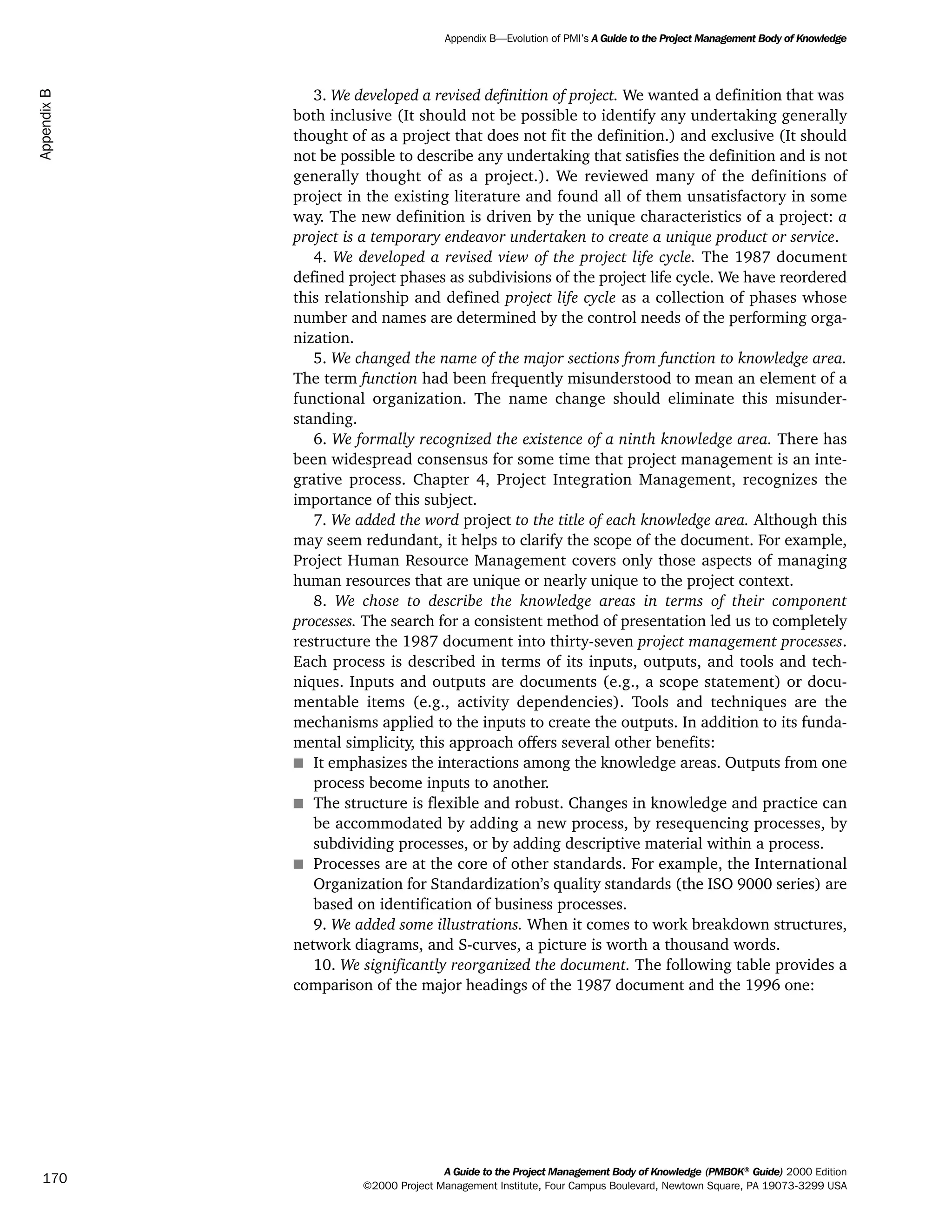 3. We developed a revised definition of project. We wanted a definition that was
both inclusive (It should not be possible to identify any undertaking generally
thought of as a project that does not fit the definition.) and exclusive (It should
not be possible to describe any undertaking that satisfies the definition and is not
generally thought of as a project.). We reviewed many of the definitions of
project in the existing literature and found all of them unsatisfactory in some
way. The new definition is driven by the unique characteristics of a project: a
project is a temporary endeavor undertaken to create a unique product or service.
4. We developed a revised view of the project life cycle. The 1987 document
defined project phases as subdivisions of the project life cycle. We have reordered
this relationship and defined project life cycle as a collection of phases whose
number and names are determined by the control needs of the performing orga-
nization.
5. We changed the name of the major sections from function to knowledge area.
The term function had been frequently misunderstood to mean an element of a
functional organization. The name change should eliminate this misunder-
standing.
6. We formally recognized the existence of a ninth knowledge area. There has
been widespread consensus for some time that project management is an inte-
grative process. Chapter 4, Project Integration Management, recognizes the
importance of this subject.
7. We added the word project to the title of each knowledge area. Although this
may seem redundant, it helps to clarify the scope of the document. For example,
Project Human Resource Management covers only those aspects of managing
human resources that are unique or nearly unique to the project context.
8. We chose to describe the knowledge areas in terms of their component
processes. The search for a consistent method of presentation led us to completely
restructure the 1987 document into thirty-seven project management processes.
Each process is described in terms of its inputs, outputs, and tools and tech-
niques. Inputs and outputs are documents (e.g., a scope statement) or docu-
mentable items (e.g., activity dependencies). Tools and techniques are the
mechanisms applied to the inputs to create the outputs. In addition to its funda-
mental simplicity, this approach offers several other benefits:
s It emphasizes the interactions among the knowledge areas. Outputs from one
process become inputs to another.
s The structure is flexible and robust. Changes in knowledge and practice can
be accommodated by adding a new process, by resequencing processes, by
subdividing processes, or by adding descriptive material within a process.
s Processes are at the core of other standards. For example, the International
Organization for Standardization’s quality standards (the ISO 9000 series) are
based on identification of business processes.
9. We added some illustrations. When it comes to work breakdown structures,
network diagrams, and S-curves, a picture is worth a thousand words.
10. We significantly reorganized the document. The following table provides a
comparison of the major headings of the 1987 document and the 1996 one:
A Guide to the Project Management Body of Knowledge (PMBOK®
Guide) 2000 Edition
©2000 Project Management Institute, Four Campus Boulevard, Newtown Square, PA 19073-3299 USA
Appendix B—Evolution of PMI’s A Guide to the Project Management Body of Knowledge
170
AppendixB
ment
ge
❍ NAVIGATION LINKS
❍ ACROYMNS LIST
PLE
ment
ge
❍ ACRONYMS LIST
❍ ACROYMNS LIST
PLE
 