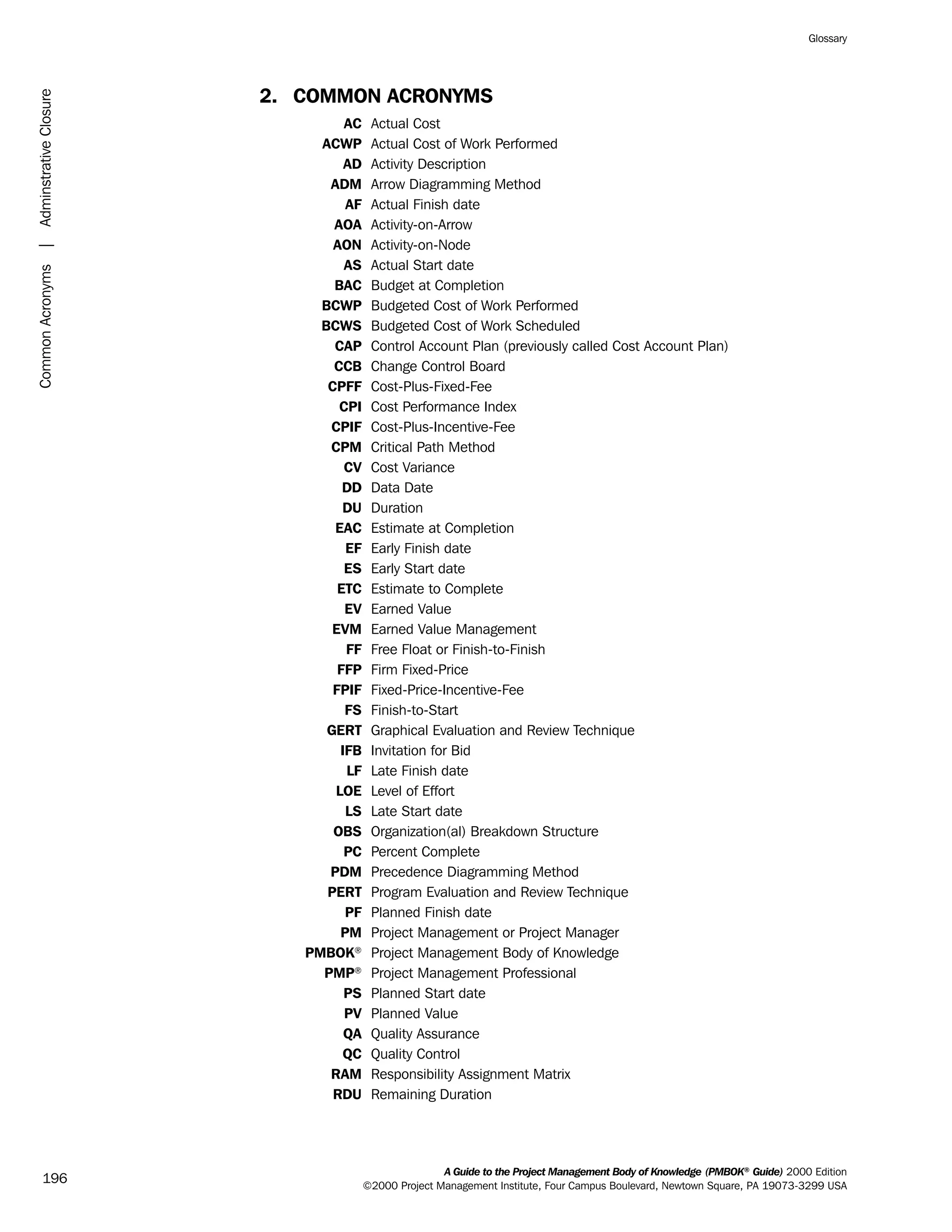 2. COMMON ACRONYMS
AC Actual Cost
ACWP Actual Cost of Work Performed
AD Activity Description
ADM Arrow Diagramming Method
AF Actual Finish date
AOA Activity-on-Arrow
AON Activity-on-Node
AS Actual Start date
BAC Budget at Completion
BCWP Budgeted Cost of Work Performed
BCWS Budgeted Cost of Work Scheduled
CAP Control Account Plan (previously called Cost Account Plan)
CCB Change Control Board
CPFF Cost-Plus-Fixed-Fee
CPI Cost Performance Index
CPIF Cost-Plus-Incentive-Fee
CPM Critical Path Method
CV Cost Variance
DD Data Date
DU Duration
EAC Estimate at Completion
EF Early Finish date
ES Early Start date
ETC Estimate to Complete
EV Earned Value
EVM Earned Value Management
FF Free Float or Finish-to-Finish
FFP Firm Fixed-Price
FPIF Fixed-Price-Incentive-Fee
FS Finish-to-Start
GERT Graphical Evaluation and Review Technique
IFB Invitation for Bid
LF Late Finish date
LOE Level of Effort
LS Late Start date
OBS Organization(al) Breakdown Structure
PC Percent Complete
PDM Precedence Diagramming Method
PERT Program Evaluation and Review Technique
PF Planned Finish date
PM Project Management or Project Manager
PMBOK®
Project Management Body of Knowledge
PMP® Project Management Professional
PS Planned Start date
PV Planned Value
QA Quality Assurance
QC Quality Control
RAM Responsibility Assignment Matrix
RDU Remaining Duration
A Guide to the Project Management Body of Knowledge (PMBOK®
Guide) 2000 Edition
©2000 Project Management Institute, Four Campus Boulevard, Newtown Square, PA 19073-3299 USA
Glossary
196
CommonAcronyms|AdminstrativeClosure
ment
ge
❍ NAVIGATION LINKS
❍ ACROYMNS LIST
PLE
ment
ge
❍ ACRONYMS LIST
❍ ACROYMNS LIST
PLE
 