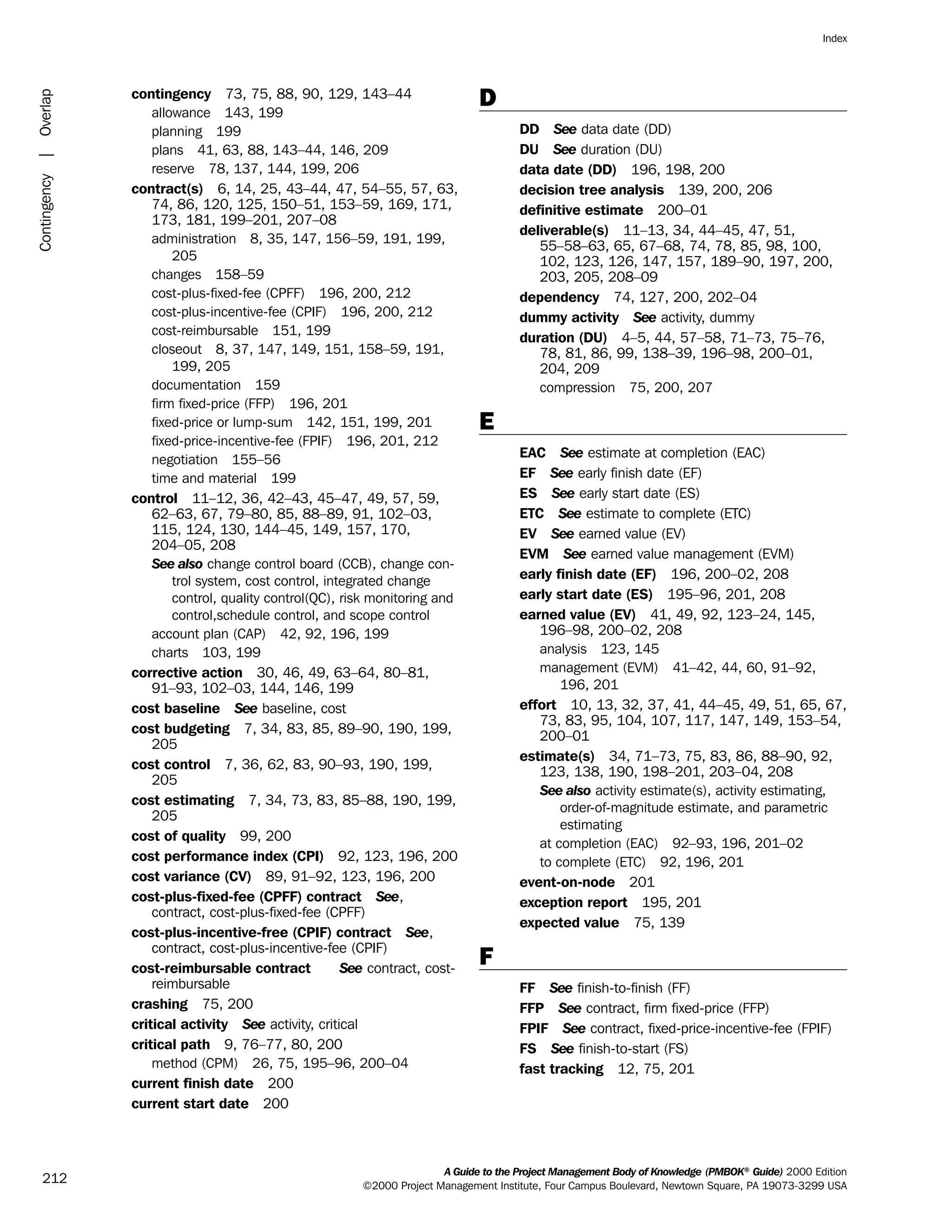contingency 73, 75, 88, 90, 129, 143–44
allowance 143, 199
planning 199
plans 41, 63, 88, 143–44, 146, 209
reserve 78, 137, 144, 199, 206
contract(s) 6, 14, 25, 43–44, 47, 54–55, 57, 63,
74, 86, 120, 125, 150–51, 153–59, 169, 171,
173, 181, 199–201, 207–08
administration 8, 35, 147, 156–59, 191, 199,
205
changes 158–59
cost-plus-fixed-fee (CPFF) 196, 200, 212
cost-plus-incentive-fee (CPIF) 196, 200, 212
cost-reimbursable 151, 199
closeout 8, 37, 147, 149, 151, 158–59, 191,
199, 205
documentation 159
firm fixed-price (FFP) 196, 201
fixed-price or lump-sum 142, 151, 199, 201
fixed-price-incentive-fee (FPIF) 196, 201, 212
negotiation 155–56
time and material 199
control 11–12, 36, 42–43, 45–47, 49, 57, 59,
62–63, 67, 79–80, 85, 88–89, 91, 102–03,
115, 124, 130, 144–45, 149, 157, 170,
204–05, 208
See also change control board (CCB), change con-
trol system, cost control, integrated change
control, quality control(QC), risk monitoring and
control,schedule control, and scope control
account plan (CAP) 42, 92, 196, 199
charts 103, 199
corrective action 30, 46, 49, 63–64, 80–81,
91–93, 102–03, 144, 146, 199
cost baseline See baseline, cost
cost budgeting 7, 34, 83, 85, 89–90, 190, 199,
205
cost control 7, 36, 62, 83, 90–93, 190, 199,
205
cost estimating 7, 34, 73, 83, 85–88, 190, 199,
205
cost of quality 99, 200
cost performance index (CPI) 92, 123, 196, 200
cost variance (CV) 89, 91–92, 123, 196, 200
cost-plus-fixed-fee (CPFF) contract See,
contract, cost-plus-fixed-fee (CPFF)
cost-plus-incentive-free (CPIF) contract See,
contract, cost-plus-incentive-fee (CPIF)
cost-reimbursable contract See contract, cost-
reimbursable
crashing 75, 200
critical activity See activity, critical
critical path 9, 76–77, 80, 200
method (CPM) 26, 75, 195–96, 200–04
current finish date 200
current start date 200
D
DD See data date (DD)
DU See duration (DU)
data date (DD) 196, 198, 200
decision tree analysis 139, 200, 206
definitive estimate 200–01
deliverable(s) 11–13, 34, 44–45, 47, 51,
55–58–63, 65, 67–68, 74, 78, 85, 98, 100,
102, 123, 126, 147, 157, 189–90, 197, 200,
203, 205, 208–09
dependency 74, 127, 200, 202–04
dummy activity See activity, dummy
duration (DU) 4–5, 44, 57–58, 71–73, 75–76,
78, 81, 86, 99, 138–39, 196–98, 200–01,
204, 209
compression 75, 200, 207
E
EAC See estimate at completion (EAC)
EF See early finish date (EF)
ES See early start date (ES)
ETC See estimate to complete (ETC)
EV See earned value (EV)
EVM See earned value management (EVM)
early finish date (EF) 196, 200–02, 208
early start date (ES) 195–96, 201, 208
earned value (EV) 41, 49, 92, 123–24, 145,
196–98, 200–02, 208
analysis 123, 145
management (EVM) 41–42, 44, 60, 91–92,
196, 201
effort 10, 13, 32, 37, 41, 44–45, 49, 51, 65, 67,
73, 83, 95, 104, 107, 117, 147, 149, 153–54,
200–01
estimate(s) 34, 71–73, 75, 83, 86, 88–90, 92,
123, 138, 190, 198–201, 203–04, 208
See also activity estimate(s), activity estimating,
order-of-magnitude estimate, and parametric
estimating
at completion (EAC) 92–93, 196, 201–02
to complete (ETC) 92, 196, 201
event-on-node 201
exception report 195, 201
expected value 75, 139
F
FF See finish-to-finish (FF)
FFP See contract, firm fixed-price (FFP)
FPIF See contract, fixed-price-incentive-fee (FPIF)
FS See finish-to-start (FS)
fast tracking 12, 75, 201
A Guide to the Project Management Body of Knowledge (PMBOK®
Guide) 2000 Edition
©2000 Project Management Institute, Four Campus Boulevard, Newtown Square, PA 19073-3299 USA
Index
212
Contingency|Overlap
ment
ge
❍ NAVIGATION LINKS
❍ ACROYMNS LIST
PLE
ment
ge
❍ ACRONYMS LIST
❍ ACROYMNS LIST
PLE
 