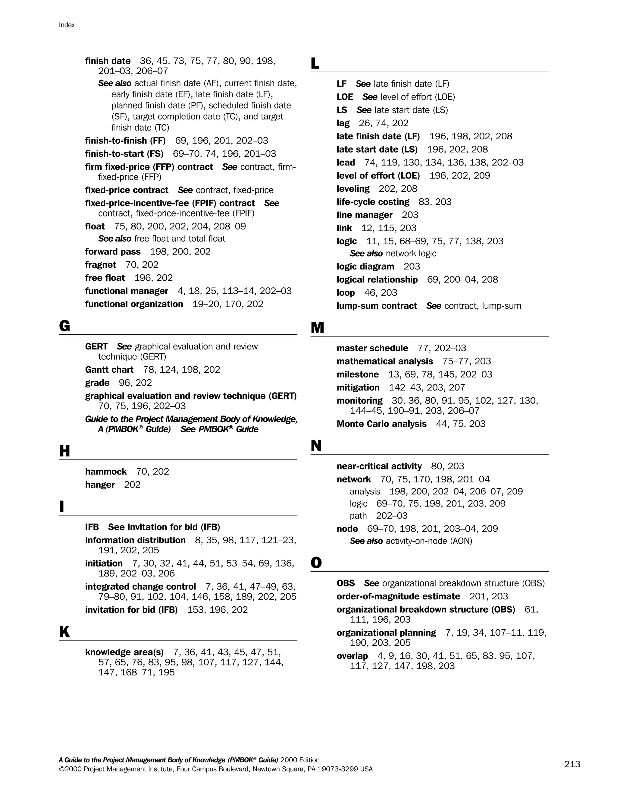 finish date 36, 45, 73, 75, 77, 80, 90, 198,
201–03, 206–07
See also actual finish date (AF), current finish date,
early finish date (EF), late finish date (LF),
planned finish date (PF), scheduled finish date
(SF), target completion date (TC), and target
finish date (TC)
finish-to-finish (FF) 69, 196, 201, 202–03
finish-to-start (FS) 69–70, 74, 196, 201–03
firm fixed-price (FFP) contract See contract, firm-
fixed-price (FFP)
fixed-price contract See contract, fixed-price
fixed-price-incentive-fee (FPIF) contract See
contract, fixed-price-incentive-fee (FPIF)
float 75, 80, 200, 202, 204, 208–09
See also free float and total float
forward pass 198, 200, 202
fragnet 70, 202
free float 196, 202
functional manager 4, 18, 25, 113–14, 202–03
functional organization 19–20, 170, 202
G
GERT See graphical evaluation and review
technique (GERT)
Gantt chart 78, 124, 198, 202
grade 96, 202
graphical evaluation and review technique (GERT)
70, 75, 196, 202–03
Guide to the Project Management Body of Knowledge,
A (PMBOK®
Guide) See PMBOK®
Guide
H
hammock 70, 202
hanger 202
I
IFB See invitation for bid (IFB)
information distribution 8, 35, 98, 117, 121–23,
191, 202, 205
initiation 7, 30, 32, 41, 44, 51, 53–54, 69, 136,
189, 202–03, 206
integrated change control 7, 36, 41, 47–49, 63,
79–80, 91, 102, 104, 146, 158, 189, 202, 205
invitation for bid (IFB) 153, 196, 202
K
knowledge area(s) 7, 36, 41, 43, 45, 47, 51,
57, 65, 76, 83, 95, 98, 107, 117, 127, 144,
147, 168–71, 195
L
LF See late finish date (LF)
LOE See level of effort (LOE)
LS See late start date (LS)
lag 26, 74, 202
late finish date (LF) 196, 198, 202, 208
late start date (LS) 196, 202, 208
lead 74, 119, 130, 134, 136, 138, 202–03
level of effort (LOE) 196, 202, 209
leveling 202, 208
life-cycle costing 83, 203
line manager 203
link 12, 115, 203
logic 11, 15, 68–69, 75, 77, 138, 203
See also network logic
logic diagram 203
logical relationship 69, 200–04, 208
loop 46, 203
lump-sum contract See contract, lump-sum
M
master schedule 77, 202–03
mathematical analysis 75–77, 203
milestone 13, 69, 78, 145, 202–03
mitigation 142–43, 203, 207
monitoring 30, 36, 80, 91, 95, 102, 127, 130,
144–45, 190–91, 203, 206–07
Monte Carlo analysis 44, 75, 203
N
near-critical activity 80, 203
network 70, 75, 170, 198, 201–04
analysis 198, 200, 202–04, 206–07, 209
logic 69–70, 75, 198, 201, 203, 209
path 202–03
node 69–70, 198, 201, 203–04, 209
See also activity-on-node (AON)
O
OBS See organizational breakdown structure (OBS)
order-of-magnitude estimate 201, 203
organizational breakdown structure (OBS) 61,
111, 196, 203
organizational planning 7, 19, 34, 107–11, 119,
190, 203, 205
overlap 4, 9, 16, 30, 41, 51, 65, 83, 95, 107,
117, 127, 147, 198, 203
Index
A Guide to the Project Management Body of Knowledge (PMBOK®
Guide) 2000 Edition
©2000 Project Management Institute, Four Campus Boulevard, Newtown Square, PA 19073-3299 USA
213
A Guide to the
Project
Management
Body of
Knowledge
❍ NAVIGATION LINKS
❍ ACROYMNS LIST
SAMPLE
A Guide to the
Project
Management
Body of
Knowledge
❍ ACRONYMS LIST
❍ ACROYMNS LIST
SAMPLE
 