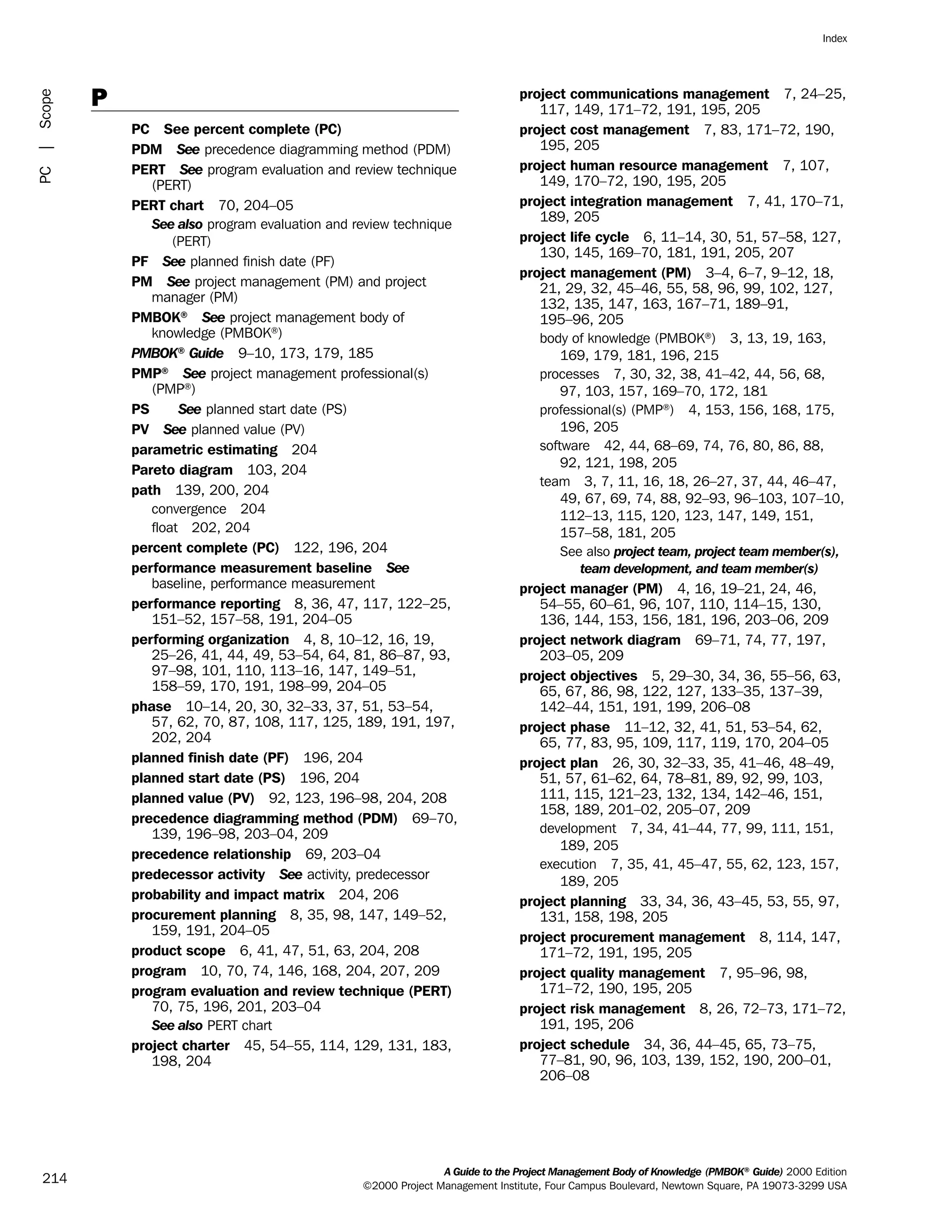 P
PC See percent complete (PC)
PDM See precedence diagramming method (PDM)
PERT See program evaluation and review technique
(PERT)
PERT chart 70, 204–05
See also program evaluation and review technique
(PERT)
PF See planned finish date (PF)
PM See project management (PM) and project
manager (PM)
PMBOK®
See project management body of
knowledge (PMBOK®
)
PMBOK®
Guide 9–10, 173, 179, 185
PMP®
See project management professional(s)
(PMP®
)
PS See planned start date (PS)
PV See planned value (PV)
parametric estimating 204
Pareto diagram 103, 204
path 139, 200, 204
convergence 204
float 202, 204
percent complete (PC) 122, 196, 204
performance measurement baseline See
baseline, performance measurement
performance reporting 8, 36, 47, 117, 122–25,
151–52, 157–58, 191, 204–05
performing organization 4, 8, 10–12, 16, 19,
25–26, 41, 44, 49, 53–54, 64, 81, 86–87, 93,
97–98, 101, 110, 113–16, 147, 149–51,
158–59, 170, 191, 198–99, 204–05
phase 10–14, 20, 30, 32–33, 37, 51, 53–54,
57, 62, 70, 87, 108, 117, 125, 189, 191, 197,
202, 204
planned finish date (PF) 196, 204
planned start date (PS) 196, 204
planned value (PV) 92, 123, 196–98, 204, 208
precedence diagramming method (PDM) 69–70,
139, 196–98, 203–04, 209
precedence relationship 69, 203–04
predecessor activity See activity, predecessor
probability and impact matrix 204, 206
procurement planning 8, 35, 98, 147, 149–52,
159, 191, 204–05
product scope 6, 41, 47, 51, 63, 204, 208
program 10, 70, 74, 146, 168, 204, 207, 209
program evaluation and review technique (PERT)
70, 75, 196, 201, 203–04
See also PERT chart
project charter 45, 54–55, 114, 129, 131, 183,
198, 204
project communications management 7, 24–25,
117, 149, 171–72, 191, 195, 205
project cost management 7, 83, 171–72, 190,
195, 205
project human resource management 7, 107,
149, 170–72, 190, 195, 205
project integration management 7, 41, 170–71,
189, 205
project life cycle 6, 11–14, 30, 51, 57–58, 127,
130, 145, 169–70, 181, 191, 205, 207
project management (PM) 3–4, 6–7, 9–12, 18,
21, 29, 32, 45–46, 55, 58, 96, 99, 102, 127,
132, 135, 147, 163, 167–71, 189–91,
195–96, 205
body of knowledge (PMBOK®
) 3, 13, 19, 163,
169, 179, 181, 196, 215
processes 7, 30, 32, 38, 41–42, 44, 56, 68,
97, 103, 157, 169–70, 172, 181
professional(s) (PMP®
) 4, 153, 156, 168, 175,
196, 205
software 42, 44, 68–69, 74, 76, 80, 86, 88,
92, 121, 198, 205
team 3, 7, 11, 16, 18, 26–27, 37, 44, 46–47,
49, 67, 69, 74, 88, 92–93, 96–103, 107–10,
112–13, 115, 120, 123, 147, 149, 151,
157–58, 181, 205
See also project team, project team member(s),
team development, and team member(s)
project manager (PM) 4, 16, 19–21, 24, 46,
54–55, 60–61, 96, 107, 110, 114–15, 130,
136, 144, 153, 156, 181, 196, 203–06, 209
project network diagram 69–71, 74, 77, 197,
203–05, 209
project objectives 5, 29–30, 34, 36, 55–56, 63,
65, 67, 86, 98, 122, 127, 133–35, 137–39,
142–44, 151, 191, 199, 206–08
project phase 11–12, 32, 41, 51, 53–54, 62,
65, 77, 83, 95, 109, 117, 119, 170, 204–05
project plan 26, 30, 32–33, 35, 41–46, 48–49,
51, 57, 61–62, 64, 78–81, 89, 92, 99, 103,
111, 115, 121–23, 132, 134, 142–46, 151,
158, 189, 201–02, 205–07, 209
development 7, 34, 41–44, 77, 99, 111, 151,
189, 205
execution 7, 35, 41, 45–47, 55, 62, 123, 157,
189, 205
project planning 33, 34, 36, 43–45, 53, 55, 97,
131, 158, 198, 205
project procurement management 8, 114, 147,
171–72, 191, 195, 205
project quality management 7, 95–96, 98,
171–72, 190, 195, 205
project risk management 8, 26, 72–73, 171–72,
191, 195, 206
project schedule 34, 36, 44–45, 65, 73–75,
77–81, 90, 96, 103, 139, 152, 190, 200–01,
206–08
A Guide to the Project Management Body of Knowledge (PMBOK®
Guide) 2000 Edition
©2000 Project Management Institute, Four Campus Boulevard, Newtown Square, PA 19073-3299 USA
Index
214
PC|Scope
ment
ge
❍ NAVIGATION LINKS
❍ ACROYMNS LIST
PLE
ment
ge
❍ ACRONYMS LIST
❍ ACROYMNS LIST
PLE
 