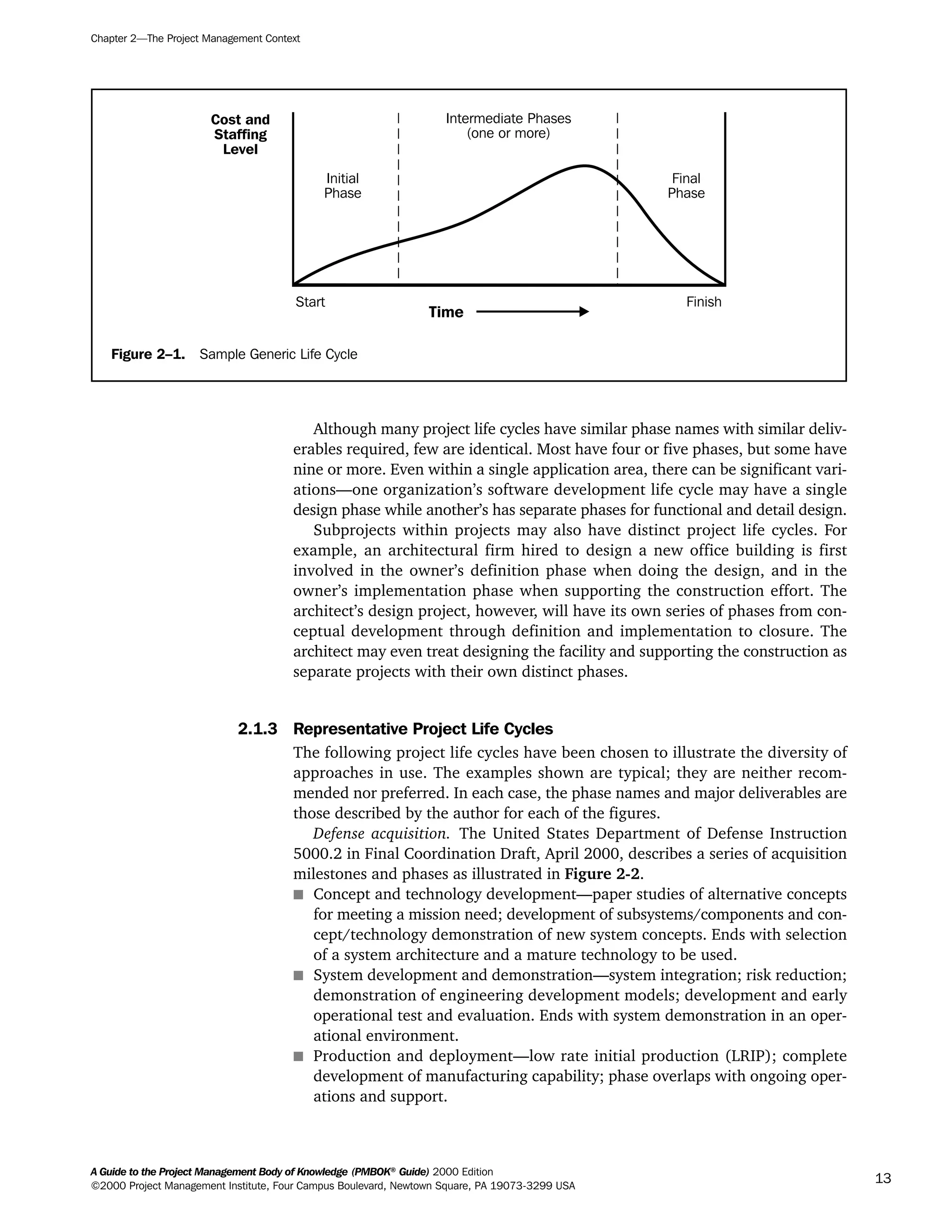 Although many project life cycles have similar phase names with similar deliv-
erables required, few are identical. Most have four or five phases, but some have
nine or more. Even within a single application area, there can be significant vari-
ations—one organization’s software development life cycle may have a single
design phase while another’s has separate phases for functional and detail design.
Subprojects within projects may also have distinct project life cycles. For
example, an architectural firm hired to design a new office building is first
involved in the owner’s definition phase when doing the design, and in the
owner’s implementation phase when supporting the construction effort. The
architect’s design project, however, will have its own series of phases from con-
ceptual development through definition and implementation to closure. The
architect may even treat designing the facility and supporting the construction as
separate projects with their own distinct phases.
2.1.3 Representative Project Life Cycles
The following project life cycles have been chosen to illustrate the diversity of
approaches in use. The examples shown are typical; they are neither recom-
mended nor preferred. In each case, the phase names and major deliverables are
those described by the author for each of the figures.
Defense acquisition. The United States Department of Defense Instruction
5000.2 in Final Coordination Draft, April 2000, describes a series of acquisition
milestones and phases as illustrated in Figure 2-2.
s Concept and technology development—paper studies of alternative concepts
for meeting a mission need; development of subsystems/components and con-
cept/technology demonstration of new system concepts. Ends with selection
of a system architecture and a mature technology to be used.
s System development and demonstration—system integration; risk reduction;
demonstration of engineering development models; development and early
operational test and evaluation. Ends with system demonstration in an oper-
ational environment.
s Production and deployment—low rate initial production (LRIP); complete
development of manufacturing capability; phase overlaps with ongoing oper-
ations and support.
Chapter 2—The Project Management Context
A Guide to the Project Management Body of Knowledge (PMBOK®
Guide) 2000 Edition
©2000 Project Management Institute, Four Campus Boulevard, Newtown Square, PA 19073-3299 USA
13
Figure 2–1. Sample Generic Life Cycle
Time
Initial
Phase
FinishStart
Intermediate Phases
(one or more)
Final
Phase
Cost and
Staffing
Level
A Guide to the
Project
Management
Body of
Knowledge
❍ NAVIGATION LINKS
❍ ACROYMNS LIST
SAMPLE
A Guide to the
Project
Management
Body of
Knowledge
❍ ACRONYMS LIST
❍ ACROYMNS LIST
SAMPLE
 
