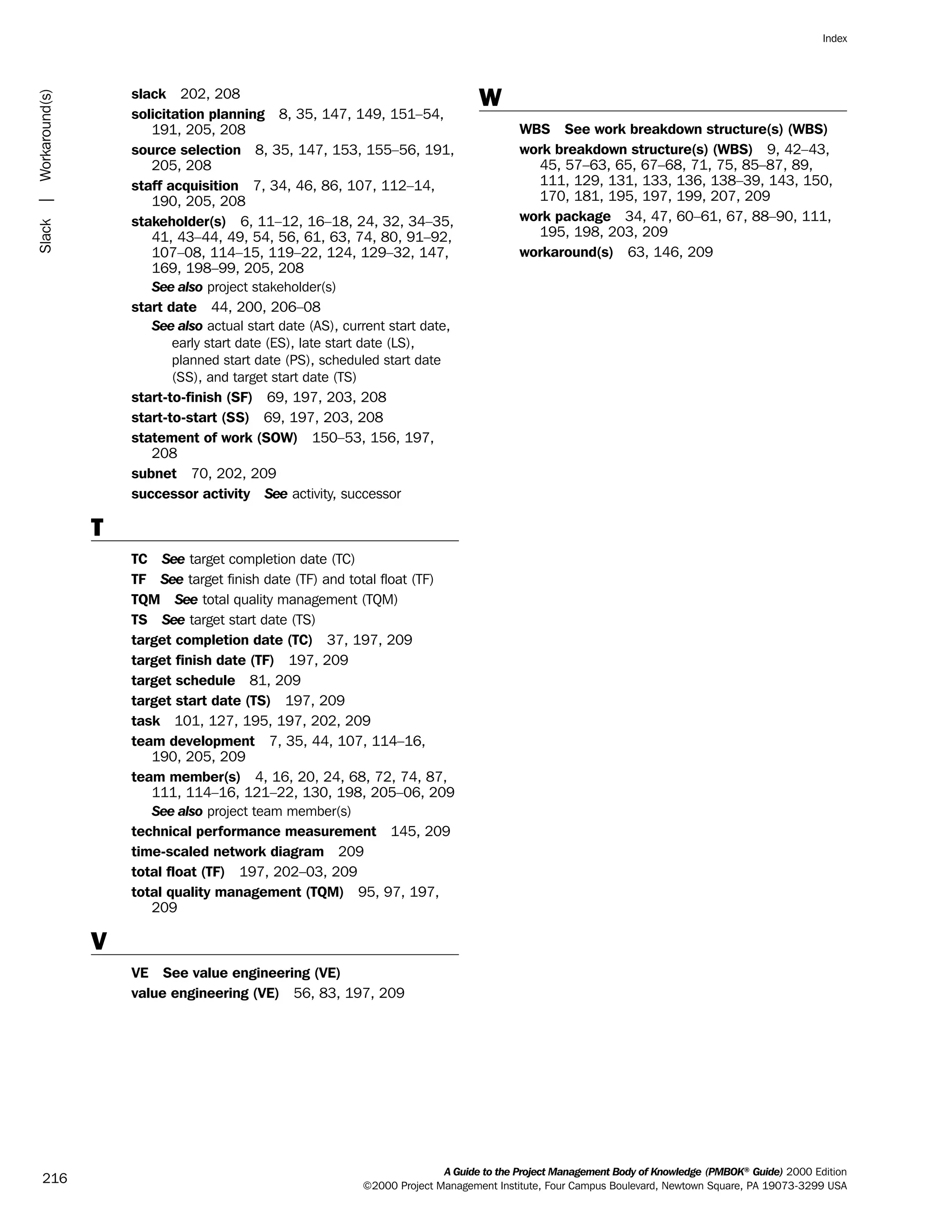 slack 202, 208
solicitation planning 8, 35, 147, 149, 151–54,
191, 205, 208
source selection 8, 35, 147, 153, 155–56, 191,
205, 208
staff acquisition 7, 34, 46, 86, 107, 112–14,
190, 205, 208
stakeholder(s) 6, 11–12, 16–18, 24, 32, 34–35,
41, 43–44, 49, 54, 56, 61, 63, 74, 80, 91–92,
107–08, 114–15, 119–22, 124, 129–32, 147,
169, 198–99, 205, 208
See also project stakeholder(s)
start date 44, 200, 206–08
See also actual start date (AS), current start date,
early start date (ES), late start date (LS),
planned start date (PS), scheduled start date
(SS), and target start date (TS)
start-to-finish (SF) 69, 197, 203, 208
start-to-start (SS) 69, 197, 203, 208
statement of work (SOW) 150–53, 156, 197,
208
subnet 70, 202, 209
successor activity See activity, successor
T
TC See target completion date (TC)
TF See target finish date (TF) and total float (TF)
TQM See total quality management (TQM)
TS See target start date (TS)
target completion date (TC) 37, 197, 209
target finish date (TF) 197, 209
target schedule 81, 209
target start date (TS) 197, 209
task 101, 127, 195, 197, 202, 209
team development 7, 35, 44, 107, 114–16,
190, 205, 209
team member(s) 4, 16, 20, 24, 68, 72, 74, 87,
111, 114–16, 121–22, 130, 198, 205–06, 209
See also project team member(s)
technical performance measurement 145, 209
time-scaled network diagram 209
total float (TF) 197, 202–03, 209
total quality management (TQM) 95, 97, 197,
209
V
VE See value engineering (VE)
value engineering (VE) 56, 83, 197, 209
W
WBS See work breakdown structure(s) (WBS)
work breakdown structure(s) (WBS) 9, 42–43,
45, 57–63, 65, 67–68, 71, 75, 85–87, 89,
111, 129, 131, 133, 136, 138–39, 143, 150,
170, 181, 195, 197, 199, 207, 209
work package 34, 47, 60–61, 67, 88–90, 111,
195, 198, 203, 209
workaround(s) 63, 146, 209
A Guide to the Project Management Body of Knowledge (PMBOK®
Guide) 2000 Edition
©2000 Project Management Institute, Four Campus Boulevard, Newtown Square, PA 19073-3299 USA
Index
216
Slack|Workaround(s)
ment
ge
❍ NAVIGATION LINKS
❍ ACROYMNS LIST
PLE
ment
ge
❍ ACRONYMS LIST
❍ ACROYMNS LIST
PLE
 