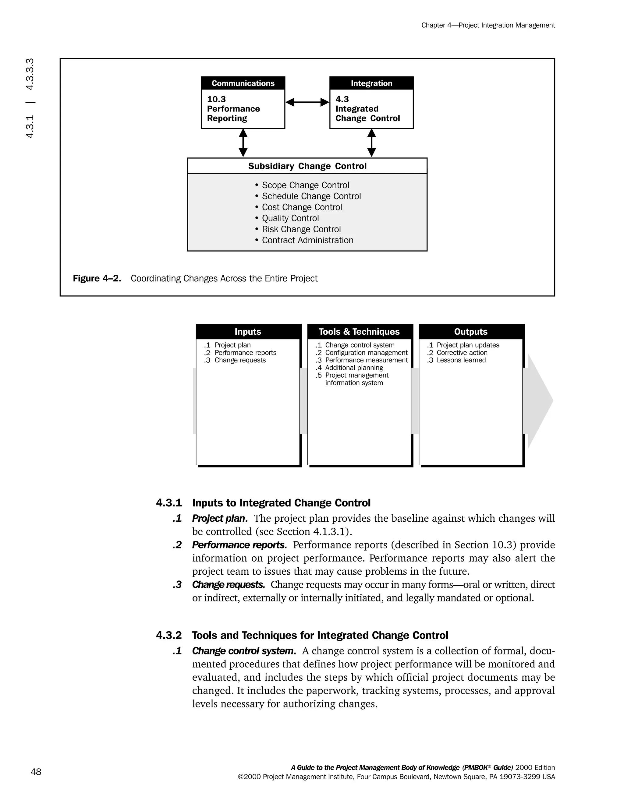 4.3.1 Inputs to Integrated Change Control
.1 Project plan. The project plan provides the baseline against which changes will
be controlled (see Section 4.1.3.1).
.2 Performance reports. Performance reports (described in Section 10.3) provide
information on project performance. Performance reports may also alert the
project team to issues that may cause problems in the future.
.3 Changerequests. Change requests may occur in many forms—oral or written, direct
or indirect, externally or internally initiated, and legally mandated or optional.
4.3.2 Tools and Techniques for Integrated Change Control
.1 Change control system. A change control system is a collection of formal, docu-
mented procedures that defines how project performance will be monitored and
evaluated, and includes the steps by which official project documents may be
changed. It includes the paperwork, tracking systems, processes, and approval
levels necessary for authorizing changes.
.1
.2
.3
Project plan
Performance reports
Change requests
.1
.2
.3
.4
.5
Change control system
Configuration management
Performance measurement
Additional planning
Project management
information system
.1
.2
.3
Project plan updates
Corrective action
Lessons learned
Inputs Tools & Techniques Outputs
A Guide to the Project Management Body of Knowledge (PMBOK®
Guide) 2000 Edition
©2000 Project Management Institute, Four Campus Boulevard, Newtown Square, PA 19073-3299 USA
Chapter 4—Project Integration Management
48
Figure 4–2. Coordinating Changes Across the Entire Project
Subsidiary Change Control
• Scope Change Control
• Schedule Change Control
• Cost Change Control
• Quality Control
• Risk Change Control
• Contract Administration
4.3
Integrated
Change Control
10.3
Performance
Reporting
Communications Integration
4.3.1|4.3.3.3
ment
ge
❍ NAVIGATION LINKS
❍ ACROYMNS LIST
PLE
ment
ge
❍ ACRONYMS LIST
❍ ACROYMNS LIST
PLE
 