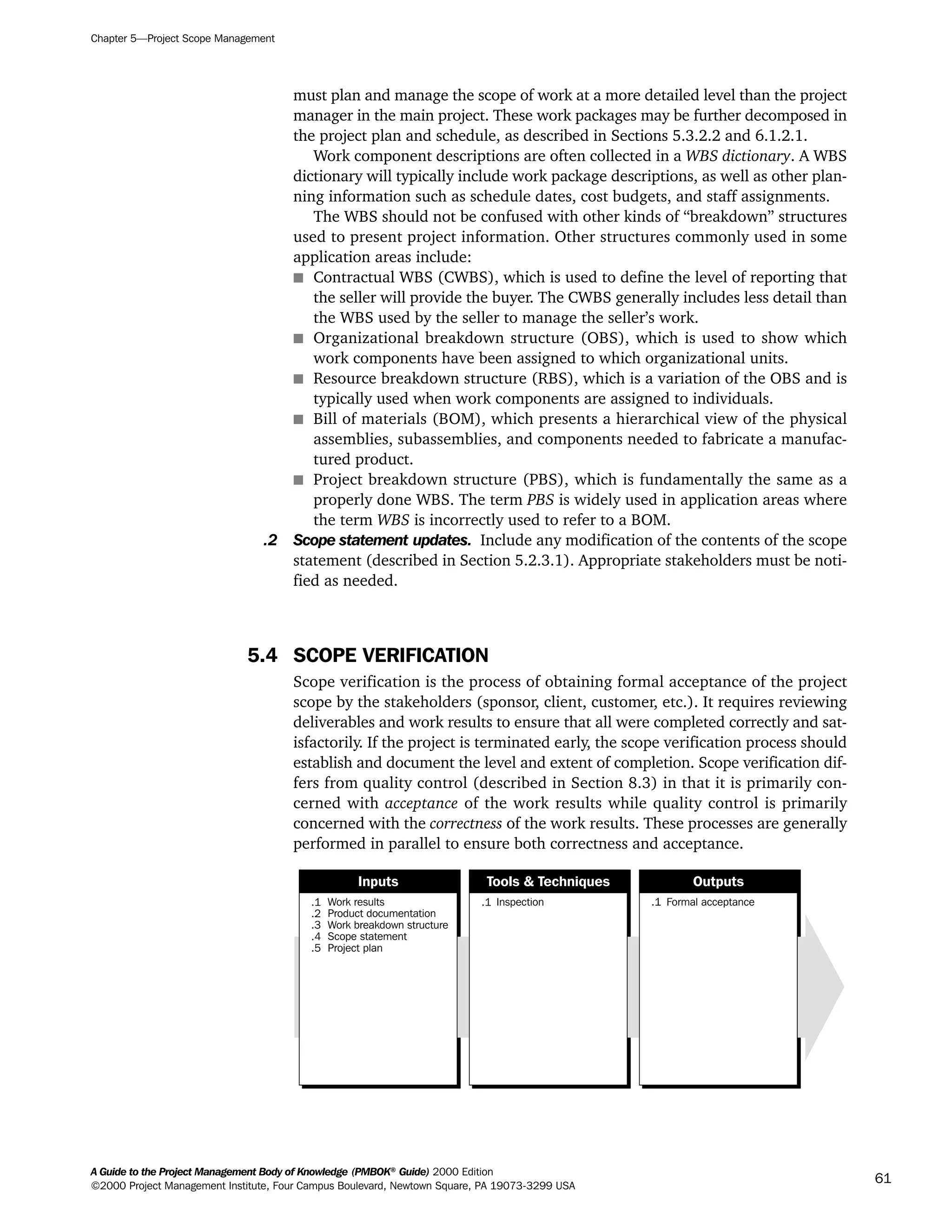 must plan and manage the scope of work at a more detailed level than the project
manager in the main project. These work packages may be further decomposed in
the project plan and schedule, as described in Sections 5.3.2.2 and 6.1.2.1.
Work component descriptions are often collected in a WBS dictionary. A WBS
dictionary will typically include work package descriptions, as well as other plan-
ning information such as schedule dates, cost budgets, and staff assignments.
The WBS should not be confused with other kinds of “breakdown” structures
used to present project information. Other structures commonly used in some
application areas include:
s Contractual WBS (CWBS), which is used to define the level of reporting that
the seller will provide the buyer. The CWBS generally includes less detail than
the WBS used by the seller to manage the seller’s work.
s Organizational breakdown structure (OBS), which is used to show which
work components have been assigned to which organizational units.
s Resource breakdown structure (RBS), which is a variation of the OBS and is
typically used when work components are assigned to individuals.
s Bill of materials (BOM), which presents a hierarchical view of the physical
assemblies, subassemblies, and components needed to fabricate a manufac-
tured product.
s Project breakdown structure (PBS), which is fundamentally the same as a
properly done WBS. The term PBS is widely used in application areas where
the term WBS is incorrectly used to refer to a BOM.
.2 Scope statement updates. Include any modification of the contents of the scope
statement (described in Section 5.2.3.1). Appropriate stakeholders must be noti-
fied as needed.
5.4 SCOPE VERIFICATION
Scope verification is the process of obtaining formal acceptance of the project
scope by the stakeholders (sponsor, client, customer, etc.). It requires reviewing
deliverables and work results to ensure that all were completed correctly and sat-
isfactorily. If the project is terminated early, the scope verification process should
establish and document the level and extent of completion. Scope verification dif-
fers from quality control (described in Section 8.3) in that it is primarily con-
cerned with acceptance of the work results while quality control is primarily
concerned with the correctness of the work results. These processes are generally
performed in parallel to ensure both correctness and acceptance.
.1
.2
.3
.4
.5
Work results
Product documentation
Work breakdown structure
Scope statement
Project plan
.1 Inspection .1 Formal acceptance
Inputs Tools & Techniques Outputs
Chapter 5—Project Scope Management
A Guide to the Project Management Body of Knowledge (PMBOK®
Guide) 2000 Edition
©2000 Project Management Institute, Four Campus Boulevard, Newtown Square, PA 19073-3299 USA
61
A Guide to the
Project
Management
Body of
Knowledge
❍ NAVIGATION LINKS
❍ ACROYMNS LIST
SAMPLE
A Guide to the
Project
Management
Body of
Knowledge
❍ ACRONYMS LIST
❍ ACROYMNS LIST
SAMPLE
 