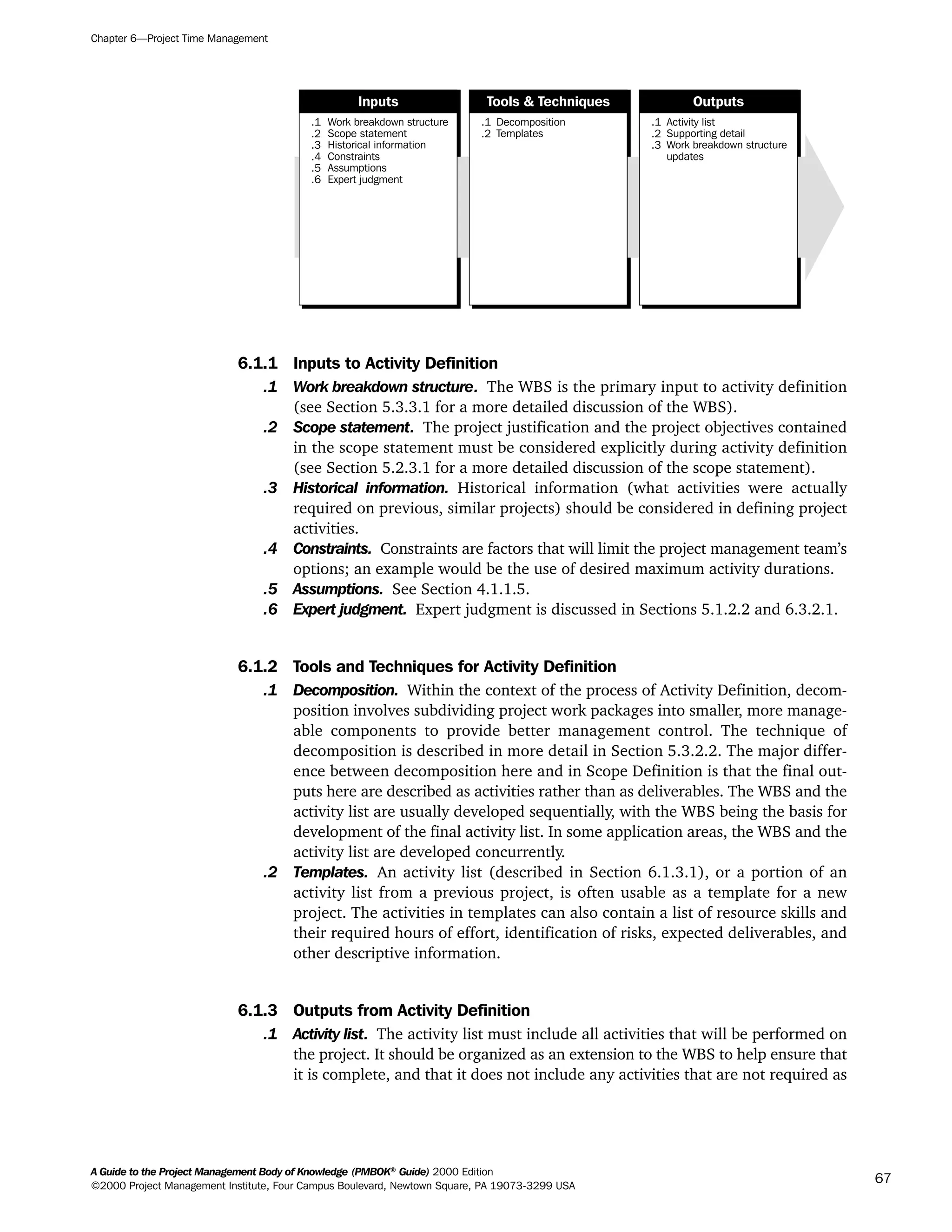6.1.1 Inputs to Activity Definition
.1 Work breakdown structure. The WBS is the primary input to activity definition
(see Section 5.3.3.1 for a more detailed discussion of the WBS).
.2 Scope statement. The project justification and the project objectives contained
in the scope statement must be considered explicitly during activity definition
(see Section 5.2.3.1 for a more detailed discussion of the scope statement).
.3 Historical information. Historical information (what activities were actually
required on previous, similar projects) should be considered in defining project
activities.
.4 Constraints. Constraints are factors that will limit the project management team’s
options; an example would be the use of desired maximum activity durations.
.5 Assumptions. See Section 4.1.1.5.
.6 Expert judgment. Expert judgment is discussed in Sections 5.1.2.2 and 6.3.2.1.
6.1.2 Tools and Techniques for Activity Definition
.1 Decomposition. Within the context of the process of Activity Definition, decom-
position involves subdividing project work packages into smaller, more manage-
able components to provide better management control. The technique of
decomposition is described in more detail in Section 5.3.2.2. The major differ-
ence between decomposition here and in Scope Definition is that the final out-
puts here are described as activities rather than as deliverables. The WBS and the
activity list are usually developed sequentially, with the WBS being the basis for
development of the final activity list. In some application areas, the WBS and the
activity list are developed concurrently.
.2 Templates. An activity list (described in Section 6.1.3.1), or a portion of an
activity list from a previous project, is often usable as a template for a new
project. The activities in templates can also contain a list of resource skills and
their required hours of effort, identification of risks, expected deliverables, and
other descriptive information.
6.1.3 Outputs from Activity Definition
.1 Activity list. The activity list must include all activities that will be performed on
the project. It should be organized as an extension to the WBS to help ensure that
it is complete, and that it does not include any activities that are not required as
.1
.2
.3
.4
.5
.6
Work breakdown structure
Scope statement
Historical information
Constraints
Assumptions
Expert judgment
.1
.2
Decomposition
Templates
.1
.2
.3
Activity list
Supporting detail
Work breakdown structure
updates
Inputs Tools & Techniques Outputs
Chapter 6—Project Time Management
A Guide to the Project Management Body of Knowledge (PMBOK®
Guide) 2000 Edition
©2000 Project Management Institute, Four Campus Boulevard, Newtown Square, PA 19073-3299 USA
67
A Guide to the
Project
Management
Body of
Knowledge
❍ NAVIGATION LINKS
❍ ACROYMNS LIST
SAMPLE
A Guide to the
Project
Management
Body of
Knowledge
❍ ACRONYMS LIST
❍ ACROYMNS LIST
SAMPLE
 