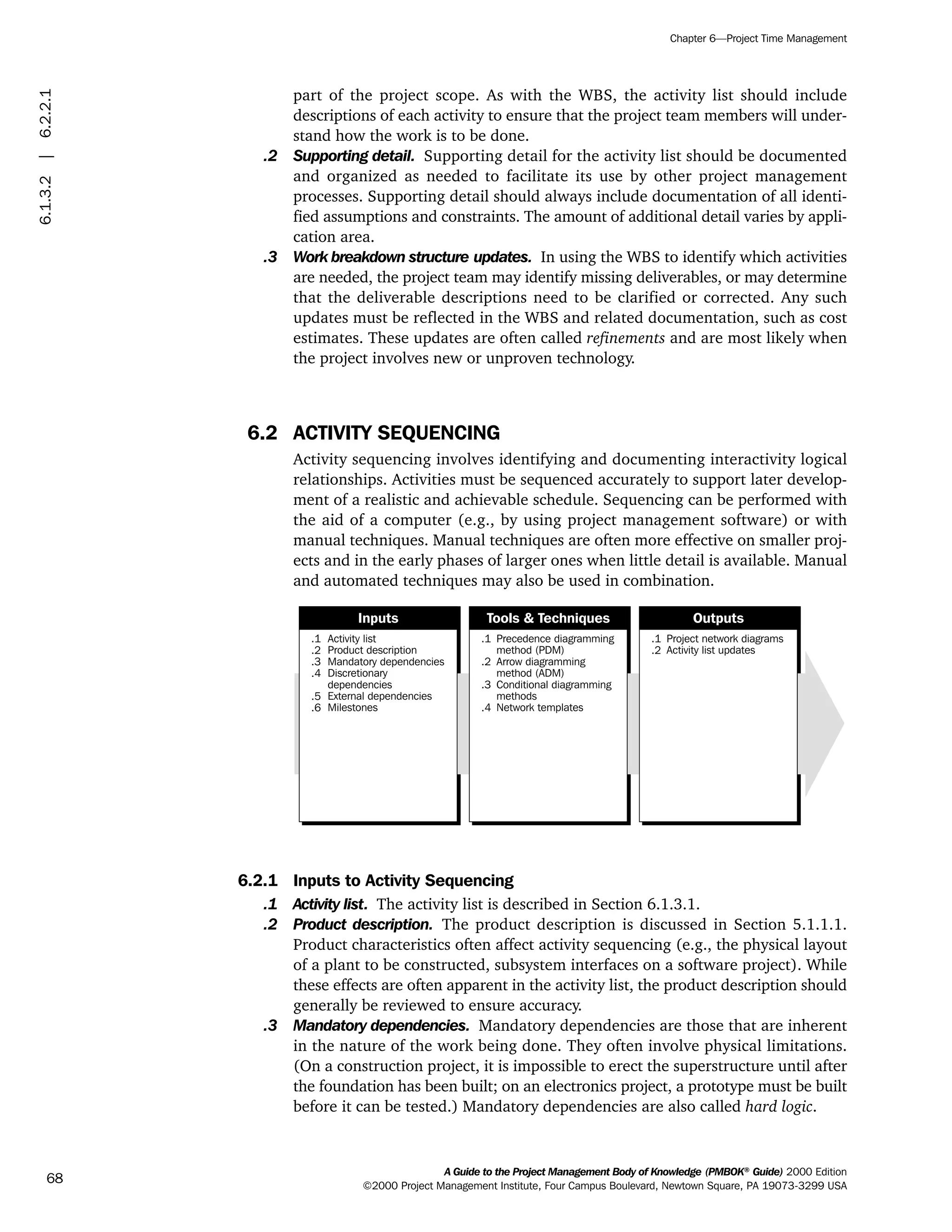 part of the project scope. As with the WBS, the activity list should include
descriptions of each activity to ensure that the project team members will under-
stand how the work is to be done.
.2 Supporting detail. Supporting detail for the activity list should be documented
and organized as needed to facilitate its use by other project management
processes. Supporting detail should always include documentation of all identi-
fied assumptions and constraints. The amount of additional detail varies by appli-
cation area.
.3 Work breakdown structure updates. In using the WBS to identify which activities
are needed, the project team may identify missing deliverables, or may determine
that the deliverable descriptions need to be clarified or corrected. Any such
updates must be reflected in the WBS and related documentation, such as cost
estimates. These updates are often called refinements and are most likely when
the project involves new or unproven technology.
6.2 ACTIVITY SEQUENCING
Activity sequencing involves identifying and documenting interactivity logical
relationships. Activities must be sequenced accurately to support later develop-
ment of a realistic and achievable schedule. Sequencing can be performed with
the aid of a computer (e.g., by using project management software) or with
manual techniques. Manual techniques are often more effective on smaller proj-
ects and in the early phases of larger ones when little detail is available. Manual
and automated techniques may also be used in combination.
6.2.1 Inputs to Activity Sequencing
.1 Activity list. The activity list is described in Section 6.1.3.1.
.2 Product description. The product description is discussed in Section 5.1.1.1.
Product characteristics often affect activity sequencing (e.g., the physical layout
of a plant to be constructed, subsystem interfaces on a software project). While
these effects are often apparent in the activity list, the product description should
generally be reviewed to ensure accuracy.
.3 Mandatory dependencies. Mandatory dependencies are those that are inherent
in the nature of the work being done. They often involve physical limitations.
(On a construction project, it is impossible to erect the superstructure until after
the foundation has been built; on an electronics project, a prototype must be built
before it can be tested.) Mandatory dependencies are also called hard logic.
.1
.2
.3
.4
.5
.6
Activity list
Product description
Mandatory dependencies
Discretionary
dependencies
External dependencies
Milestones
.1
.2
.3
.4
Precedence diagramming
method (PDM)
Arrow diagramming
method (ADM)
Conditional diagramming
methods
Network templates
.1
.2
Project network diagrams
Activity list updates
Inputs Tools & Techniques Outputs
A Guide to the Project Management Body of Knowledge (PMBOK®
Guide) 2000 Edition
©2000 Project Management Institute, Four Campus Boulevard, Newtown Square, PA 19073-3299 USA
Chapter 6—Project Time Management
68
6.1.3.2|6.2.2.1
ment
ge
❍ NAVIGATION LINKS
❍ ACROYMNS LIST
PLE
ment
ge
❍ ACRONYMS LIST
❍ ACROYMNS LIST
PLE
 
