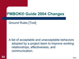 PMBOK ®  Guide 2004 Changes <ul><li>Ground Rules [Tool] </li></ul>A list of acceptable and unacceptable behaviors adopted ...