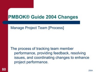 PMBOK ®  Guide 2004 Changes <ul><li>Manage Project Team [Process] </li></ul>The process of tracking team member performanc...