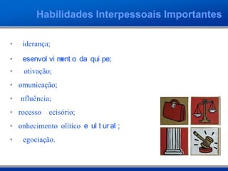 Habilidades Interpessoais Importantes
• Liderança;
• Desenvol vi ment o da Equi pe;
• Motivação;
• Comunicação;
• Influência;
• Processo Decisório;
• Conhecimento Político e Cul t ur al ;
• Negociação.
 