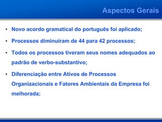 Aspectos Gerais
• Novo acordo gramatical do português foi aplicado;
• Processos diminuíram de 44 para 42 processos;
• Todos os processos tiveram seus nomes adequados ao
padrão de verbo-substantivo;
• Diferenciação entre Ativos de Processos
Organizacionais e Fatores Ambientais da Empresa foi
melhorada;
 