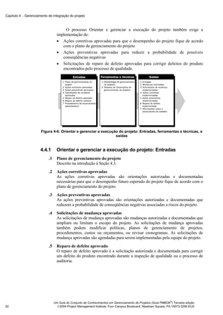 Capítulo 4 − Gerenciamento de integração do projeto



                                       O processo Orientar e gerenciar a execução do projeto também exige a
                                  implementação de:
                                  • Ações corretivas aprovadas para que o desempenho do projeto fique de acordo
                                     com o plano de gerenciamento do projeto
                                  • Ações preventivas aprovadas para reduzir a probabilidade de possíveis
                                     conseqüências negativas
                                  • Solicitações de reparo de defeito aprovadas para corrigir defeitos do produto
                                     encontrados pelo processo de qualidade.




                      Figura 4-6. Orientar e gerenciar a execução do projeto: Entradas, ferramentas e técnicas, e
                                                                saídas


                      4.4.1       Orientar e gerenciar a execução do projeto: Entradas
                           .1     Plano de gerenciamento do projeto
                                  Descrito na introdução à Seção 4.3.
                           .2     Ações corretivas aprovadas
                                  As ações corretivas aprovadas são orientações autorizadas e documentadas
                                  necessárias para que o desempenho futuro esperado do projeto fique de acordo com o
                                  plano de gerenciamento do projeto.
                           .3     Ações preventivas aprovadas
                                  As ações preventivas aprovadas são orientações autorizadas e documentadas que
                                  reduzem a probabilidade de conseqüências negativas associadas a riscos do projeto.
                           .4     Solicitações de mudança aprovadas
                                  As solicitações de mudança aprovadas são mudanças autorizadas e documentadas que
                                  ampliam ou limitam o escopo do projeto. As solicitações de mudança aprovadas
                                  também podem modificar políticas, planos de gerenciamento de projetos,
                                  procedimentos, custos ou orçamentos, ou revisar cronogramas. As solicitações de
                                  mudança aprovadas são agendadas para serem implementadas pela equipe do projeto.
                           .5     Reparo de defeito aprovado
                                  O reparo de defeito aprovado é a solicitação autorizada e documentada para corrigir
                                  um defeito do produto encontrado durante a inspeção de qualidade ou o processo de
                                  auditoria.




                                                                                                              ®
                                Um Guia do Conjunto de Conhecimentos em Gerenciamento de Projetos (Guia PMBOK ) Terceira edição
92                                2004 Project Management Institute, Four Campus Boulevard, Newtown Square, PA 19073-3299 EUA
 