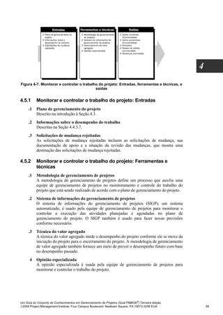 4
Figura 4-7. Monitorar e controlar o trabalho do projeto: Entradas, ferramentas e técnicas, e
                                           saídas


4.5.1     Monitorar e controlar o trabalho do projeto: Entradas
     .1   Plano de gerenciamento do projeto
          Descrito na introdução à Seção 4.3.
     .2   Informações sobre o desempenho do trabalho
          Descritas na Seção 4.4.3.7.
     .3   Solicitações de mudança rejeitadas
          As solicitações de mudança rejeitadas incluem as solicitações de mudança, sua
          documentação de apoio e a situação da revisão das mudanças, que mostra uma
          destinação das solicitações de mudança rejeitadas.

4.5.2     Monitorar e controlar o trabalho do projeto: Ferramentas e
          técnicas
     .1   Metodologia de gerenciamento de projetos
          A metodologia de gerenciamento de projetos define um processo que auxilia uma
          equipe de gerenciamento de projetos no monitoramento e controle do trabalho do
          projeto que está sendo realizado de acordo com o plano de gerenciamento do projeto.
     .2   Sistema de informações do gerenciamento de projetos
          O sistema de informações do gerenciamento de projetos (SIGP), um sistema
          automatizado, é usado pela equipe de gerenciamento de projetos para monitorar e
          controlar a execução das atividades planejadas e agendadas no plano de
          gerenciamento do projeto. O SIGP também é usado para fazer novas previsões
          conforme necessário.
     .3   Técnica do valor agregado
          A técnica do valor agregado mede o desempenho do projeto conforme ele se move da
          iniciação do projeto para o encerramento do projeto. A metodologia de gerenciamento
          de valor agregado também fornece um meio de prever o desempenho futuro com base
          no desempenho passado.
      4   Opinião especializada
          A opinião especializada é usada pela equipe de gerenciamento de projetos para
          monitorar e controlar o trabalho do projeto.




                                                                              ®
Um Guia do Conjunto de Conhecimentos em Gerenciamento de Projetos (Guia PMBOK ) Terceira edição
2004 Project Management Institute, Four Campus Boulevard, Newtown Square, PA 19073-3299 EUA          95
 