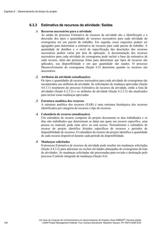 Capítulo 6 − Gerenciamento de tempo do projeto




                      6.3.3       Estimativa de recursos da atividade: Saídas
                           .1     Recursos necessários para a atividade
                                  As saídas do processo Estimativa de recursos da atividade são a identificação e a
                                  descrição dos tipos e quantidades de recursos necessários para cada atividade do
                                  cronograma em um pacote de trabalho. Em seguida, esses requisitos podem ser
                                  agregados para determinar a estimativa de recursos para cada pacote de trabalho. A
                                  quantidade de detalhes e o nível de especificação das descrições dos recursos
                                  necessários podem variar por área de aplicação. A documentação dos recursos
                                  necessários para cada atividade do cronograma pode incluir a base da estimativa de
                                  cada recurso, além das premissas feitas para determinar que tipos de recursos são
                                  aplicados, sua disponibilidade e em que quantidade são usados. O processo
                                  Desenvolvimento do cronograma (Seção 6.5) determina quando os recursos são
                                  necessários.
                           .2     Atributos da atividade (atualizações)
                                  Os tipos e quantidades de recursos necessários para cada atividade do cronograma são
                                  incorporados aos atributos da atividade. Se solicitações de mudança aprovadas (Seção
                                  4.6.3.1) resultarem do processo Estimativa de recursos da atividade, então a lista de
                                  atividades (Seção 6.2.3.2) e os atributos da atividade (Seção 6.2.3.3) são atualizados
                                  para incluir essas mudanças aprovadas.
                           .3     Estrutura analítica dos recursos
                                  A estrutura analítica dos recursos (EAR) é uma estrutura hierárquica dos recursos
                                  identificados por categoria de recursos e tipo de recursos.
                           .4     Calendário de recurso (atualizações)
                                  Um calendário de recurso composto do projeto documenta os dias trabalhados e os
                                  dias não trabalhados que determinam as datas nas quais um recurso específico, uma
                                  pessoa ou material, pode estar ativo ou está ocioso. Normalmente o calendário de
                                  recurso do projeto identifica feriados específicos de recursos e períodos de
                                  disponibilidade de recursos. O calendário de recurso do projeto identifica a quantidade
                                  de cada recurso disponível durante cada período de disponibilidade.
                           .5     Mudanças solicitadas
                                  O processo Estimativa de recursos da atividade pode resultar em mudanças solicitadas
                                  (Seção 4.4.3.2) para adicionar ou excluir atividades planejadas do cronograma da lista
                                  de atividades. As mudanças solicitadas são processadas para revisão e destinação pelo
                                  processo Controle integrado de mudanças (Seção 4.6).




                                                                                                              ®
                                Um Guia do Conjunto de Conhecimentos em Gerenciamento de Projetos (Guia PMBOK ) Terceira edição
138                               2004 Project Management Institute, Four Campus Boulevard, Newtown Square, PA 19073-3299 EUA
 
