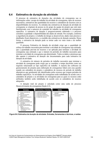 6.4       Estimativa de duração da atividade
          O processo de estimativa de durações das atividades do cronograma usa as
          informações sobre: escopo de trabalho da atividade do cronograma, tipos de recursos
          necessários, estimativas das quantidades de recursos e calendários de recursos com as
          disponibilidades de recursos. As entradas das estimativas de duração da atividade do
          cronograma se originam da pessoa ou do grupo da equipe do projeto que está mais
          familiarizado com a natureza do conteúdo do trabalho na atividade do cronograma
          específica. A estimativa de duração é progressivamente elaborada e o processo
          considera a qualidade e disponibilidade dos dados de entrada. Por exemplo, conforme
          a engenharia do projeto e o trabalho de design se desenvolvem, dados mais precisos e
          detalhados ficam disponíveis e a exatidão das estimativas de duração aumenta. Dessa
          forma, a estimativa de duração pode se tornar cada vez mais exata e de melhor             6
          qualidade.
                O processo Estimativa de duração da atividade exige que a quantidade de
          esforço de trabalho necessária para terminar a atividade do cronograma seja estimada,
          que a quantidade prevista de recursos a ser aplicada para terminar a atividade do
          cronograma seja estimada e que o número de períodos de trabalho necessário para
          terminar a atividade do cronograma seja determinado. Todos os dados e premissas que
          dão suporte à estimativa de duração são documentados para cada estimativa de
          duração da atividade.
                A estimativa do número de períodos de trabalho necessário para terminar a
          atividade do cronograma pode exigir que se considere o tempo decorrido como um
          requisito relacionado ao tipo específico de trabalho. A maioria dos softwares de
          gerenciamento de projetos para elaboração de cronogramas lidará com essa questão
          usando um calendário de projeto e calendários de recursos de período de trabalho
          alternativos que geralmente são identificados pelos recursos que exigem períodos de
          trabalho específicos. As atividades do cronograma serão trabalhadas de acordo com o
          calendário de projeto e as atividades do cronograma para as quais os recursos estão
          atribuídos também serão trabalhadas de acordo com os calendários de recursos
          adequados.
                A duração total do projeto é calculada como uma saída do processo
          Desenvolvimento do cronograma (Seção 6.5).




Figura 6-8. Estimativa de duração da atividade: Entradas, ferramentas e técnicas, e saídas




                                                                              ®
Um Guia do Conjunto de Conhecimentos em Gerenciamento de Projetos (Guia PMBOK ) Terceira edição
2004 Project Management Institute, Four Campus Boulevard, Newtown Square, PA 19073-3299 EUA      139
 