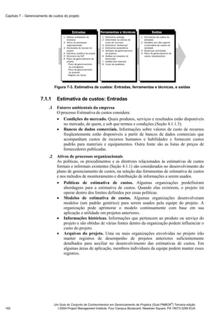 Capítulo 7 − Gerenciamento de custos do projeto




                                Figura 7-3. Estimativa de custos: Entradas, ferramentas e técnicas, e saídas


                      7.1.1       Estimativa de custos: Entradas
                           .1     Fatores ambientais da empresa
                                  O processo Estimativa de custos considera:
                                  • Condições do mercado. Quais produtos, serviços e resultados estão disponíveis
                                     no mercado, de quem, e sob que termos e condições (Seção 4.1.1.3).
                                  • Bancos de dados comerciais. Informações sobre valores de custo de recursos
                                     freqüentemente estão disponíveis a partir de bancos de dados comerciais que
                                     acompanham custos de recursos humanos e habilidades e fornecem custos
                                     padrão para materiais e equipamentos. Outra fonte são as listas de preços de
                                     fornecedores publicadas.
                           .2     Ativos de processos organizacionais
                                  As políticas, os procedimentos e as diretrizes relacionados às estimativas de custos
                                  formais e informais existentes (Seção 4.1.1) são considerados no desenvolvimento do
                                  plano de gerenciamento de custos, na seleção das ferramentas de estimativa de custos
                                  e nos métodos de monitoramento e distribuição de informações a serem usados.
                                  • Políticas de estimativa de custos. Algumas organizações predefiniram
                                      abordagens para a estimativa de custos. Quando elas existirem, o projeto irá
                                      operar dentro dos limites definidos por essas políticas.
                                  • Modelos de estimativa de custos. Algumas organizações desenvolveram
                                      modelos (um padrão genérico) para serem usados pela equipe do projeto. A
                                      organização pode aprimorar o modelo continuamente com base em sua
                                      aplicação e utilidade em projetos anteriores.
                                  • Informações históricas. Informações que pertencem ao produto ou serviço do
                                      projeto e são obtidas de várias fontes dentro da organização podem influenciar o
                                      custo do projeto.
                                  • Arquivos do projeto. Uma ou mais organizações envolvidas no projeto irão
                                      manter registros de desempenho de projetos anteriores suficientemente
                                      detalhados para auxiliar no desenvolvimento das estimativas de custos. Em
                                      algumas áreas de aplicação, membros individuais da equipe podem manter esses
                                      registros.




                                                                                                              ®
                                Um Guia do Conjunto de Conhecimentos em Gerenciamento de Projetos (Guia PMBOK ) Terceira edição
162                               2004 Project Management Institute, Four Campus Boulevard, Newtown Square, PA 19073-3299 EUA
 