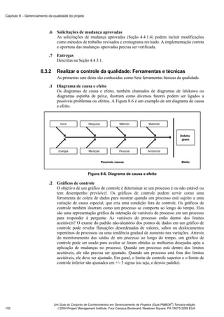 Capítulo 8 − Gerenciamento da qualidade do projeto



                           .6     Solicitações de mudança aprovadas
                                  As solicitações de mudança aprovadas (Seção 4.4.1.4) podem incluir modificações
                                  como métodos de trabalho revisados e cronograma revisado. A implementação correta
                                  e oportuna das mudanças aprovadas precisa ser verificada.
                           .7     Entregas
                                  Descritas na Seção 4.4.3.1.

                      8.3.2       Realizar o controle da qualidade: Ferramentas e técnicas
                                  As primeiras sete delas são conhecidas como Sete ferramentas básicas da qualidade.
                           .1     Diagrama de causa e efeito
                                  Os diagramas de causa e efeito, também chamados de diagramas de Ishikawa ou
                                  diagramas espinha de peixe, ilustram como diversos fatores podem ser ligados a
                                  possíveis problemas ou efeitos. A Figura 8-6 é um exemplo de um diagrama de causa
                                  e efeito.




                                                      Figura 8-6. Diagrama de causa e efeito

                           .2     Gráficos de controle
                                  O objetivo de um gráfico de controle é determinar se um processo é ou não estável ou
                                  tem desempenho previsível. Os gráficos de controle podem servir como uma
                                  ferramenta de coleta de dados para mostrar quando um processo está sujeito a uma
                                  variação de causa especial, que cria uma condição fora de controle. Os gráficos de
                                  controle também ilustram como um processo se comporta ao longo do tempo. Eles
                                  são uma representação gráfica da interação de variáveis de processo em um processo
                                  para responder à pergunta: As variáveis do processo estão dentro dos limites
                                  aceitáveis? O exame do padrão não-aleatório dos pontos de dados em um gráfico de
                                  controle pode revelar flutuações desordenadas de valores, saltos ou deslocamentos
                                  repentinos de processos ou uma tendência gradual de aumento nas variações. Através
                                  do monitoramento das saídas de um processo ao longo do tempo, um gráfico de
                                  controle pode ser usado para avaliar se foram obtidas as melhorias desejadas após a
                                  aplicação de mudanças no processo. Quando um processo está dentro dos limites
                                  aceitáveis, ele não precisa ser ajustado. Quando um processo está fora dos limites
                                  aceitáveis, ele deve ser ajustado. Em geral, o limite de controle superior e o limite de
                                  controle inferior são ajustados em +/- 3 sigma (ou seja, o desvio padrão).




                                                                                                              ®
                                Um Guia do Conjunto de Conhecimentos em Gerenciamento de Projetos (Guia PMBOK ) Terceira edição
192                               2004 Project Management Institute, Four Campus Boulevard, Newtown Square, PA 19073-3299 EUA
 