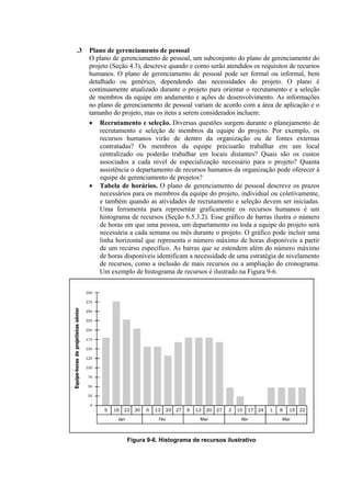 .3   Plano de gerenciamento de pessoal
     O plano de gerenciamento de pessoal, um subconjunto do plano de gerenciamento do
     projeto (Seção 4.3), descreve quando e como serão atendidos os requisitos de recursos
     humanos. O plano de gerenciamento de pessoal pode ser formal ou informal, bem
     detalhado ou genérico, dependendo das necessidades do projeto. O plano é
     continuamente atualizado durante o projeto para orientar o recrutamento e a seleção
     de membros da equipe em andamento e ações de desenvolvimento. As informações
     no plano de gerenciamento de pessoal variam de acordo com a área de aplicação e o
     tamanho do projeto, mas os itens a serem considerados incluem:
     • Recrutamento e seleção. Diversas questões surgem durante o planejamento de
         recrutamento e seleção de membros da equipe do projeto. Por exemplo, os
         recursos humanos virão de dentro da organização ou de fontes externas
         contratadas? Os membros da equipe precisarão trabalhar em um local
         centralizado ou poderão trabalhar em locais distantes? Quais são os custos
         associados a cada nível de especialização necessário para o projeto? Quanta
         assistência o departamento de recursos humanos da organização pode oferecer à
         equipe de gerenciamento de projetos?
     • Tabela de horários. O plano de gerenciamento de pessoal descreve os prazos
         necessários para os membros da equipe do projeto, individual ou coletivamente,
         e também quando as atividades de recrutamento e seleção devem ser iniciadas.
         Uma ferramenta para representar graficamente os recursos humanos é um
         histograma de recursos (Seção 6.5.3.2). Esse gráfico de barras ilustra o número
         de horas em que uma pessoa, um departamento ou toda a equipe do projeto será
         necessária a cada semana ou mês durante o projeto. O gráfico pode incluir uma
         linha horizontal que representa o número máximo de horas disponíveis a partir
         de um recurso específico. As barras que se estendem além do número máximo
         de horas disponíveis identificam a necessidade de uma estratégia de nivelamento
         de recursos, como a inclusão de mais recursos ou a ampliação do cronograma.
         Um exemplo de histograma de recursos é ilustrado na Figura 9-6.




                   Figura 9-6. Histograma de recursos ilustrativo
 