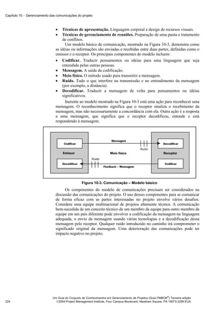 Capítulo 10 − Gerenciamento das comunicações do projeto



                               •   Técnicas de apresentação. Linguagem corporal e design de recursos visuais.
                               •   Técnicas de gerenciamento de reuniões. Preparação de uma pauta e tratamento
                                   de conflitos.
                                     Um modelo básico de comunicação, mostrado na Figura 10-3, demonstra como
                               as idéias ou informações são enviadas e recebidas entre duas partes, definidas como o
                               emissor e o receptor. Os principais componentes do modelo incluem:
                               • Codificar. Traduzir pensamentos ou idéias para uma linguagem que seja
                                   entendida pelas outras pessoas.
                               • Mensagem. A saída da codificação.
                               • Meio físico. O método usado para transmitir a mensagem.
                               • Ruído. Tudo o que interfere na transmissão e no entendimento da mensagem
                                   (por exemplo, a distância).
                               • Decodificar. Traduzir a mensagem de volta para pensamentos ou idéias
                                   significativos.
                                     Inerente ao modelo mostrado na Figura 10-3 está uma ação para reconhecer uma
                               mensagem. O reconhecimento significa que o receptor sinaliza o recebimento da
                               mensagem, mas não necessariamente a concordância com ela. Outra ação é a resposta
                               a uma mensagem, que significa que o receptor decodificou, entende e está
                               respondendo à mensagem.




                                                 Figura 10-3. Comunicação – Modelo básico
                                     Os componentes do modelo de comunicações precisam ser considerados na
                               discussão das comunicações do projeto. O uso desses componentes para se comunicar
                               de forma eficaz com as partes interessadas no projeto envolve vários desafios.
                               Considere uma equipe multinacional de projetos altamente técnica. A comunicação
                               bem-sucedida de um conceito técnico de um membro da equipe para outro membro da
                               equipe em um país diferente pode envolver a codificação da mensagem na linguagem
                               adequada, o envio da mensagem usando várias tecnologias e a decodificação dessa
                               mensagem pelo receptor. Qualquer ruído introduzido no caminho irá comprometer o
                               significado original da mensagem. Uma deterioração das comunicações pode ter
                               impacto negativo no projeto.




                                                                                                           ®
                             Um Guia do Conjunto de Conhecimentos em Gerenciamento de Projetos (Guia PMBOK ) Terceira edição
224                            2004 Project Management Institute, Four Campus Boulevard, Newtown Square, PA 19073-3299 EUA
 