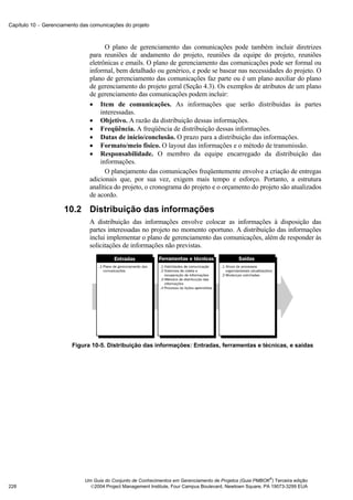 Capítulo 10 − Gerenciamento das comunicações do projeto



                                     O plano de gerenciamento das comunicações pode também incluir diretrizes
                               para reuniões de andamento do projeto, reuniões da equipe do projeto, reuniões
                               eletrônicas e emails. O plano de gerenciamento das comunicações pode ser formal ou
                               informal, bem detalhado ou genérico, e pode se basear nas necessidades do projeto. O
                               plano de gerenciamento das comunicações faz parte ou é um plano auxiliar do plano
                               de gerenciamento do projeto geral (Seção 4.3). Os exemplos de atributos de um plano
                               de gerenciamento das comunicações podem incluir:
                               • Item de comunicações. As informações que serão distribuídas às partes
                                   interessadas.
                               • Objetivo. A razão da distribuição dessas informações.
                               • Freqüência. A freqüência de distribuição dessas informações.
                               • Datas de início/conclusão. O prazo para a distribuição das informações.
                               • Formato/meio físico. O layout das informações e o método de transmissão.
                               • Responsabilidade. O membro da equipe encarregado da distribuição das
                                   informações.
                                     O planejamento das comunicações freqüentemente envolve a criação de entregas
                               adicionais que, por sua vez, exigem mais tempo e esforço. Portanto, a estrutura
                               analítica do projeto, o cronograma do projeto e o orçamento do projeto são atualizados
                               de acordo.

                     10.2 Distribuição das informações
                               A distribuição das informações envolve colocar as informações à disposição das
                               partes interessadas no projeto no momento oportuno. A distribuição das informações
                               inclui implementar o plano de gerenciamento das comunicações, além de responder às
                               solicitações de informações não previstas.




                        Figura 10-5. Distribuição das informações: Entradas, ferramentas e técnicas, e saídas




                                                                                                           ®
                             Um Guia do Conjunto de Conhecimentos em Gerenciamento de Projetos (Guia PMBOK ) Terceira edição
228                            2004 Project Management Institute, Four Campus Boulevard, Newtown Square, PA 19073-3299 EUA
 