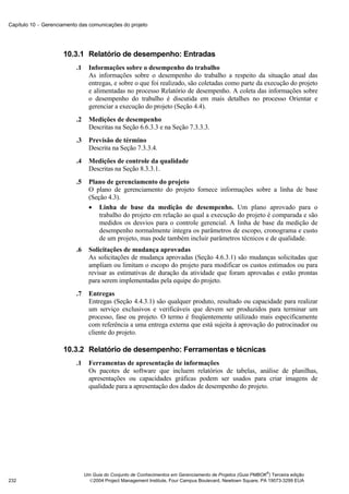 Capítulo 10 − Gerenciamento das comunicações do projeto




                     10.3.1 Relatório de desempenho: Entradas
                          .1     Informações sobre o desempenho do trabalho
                                 As informações sobre o desempenho do trabalho a respeito da situação atual das
                                 entregas, e sobre o que foi realizado, são coletadas como parte da execução do projeto
                                 e alimentadas no processo Relatório de desempenho. A coleta das informações sobre
                                 o desempenho do trabalho é discutida em mais detalhes no processo Orientar e
                                 gerenciar a execução do projeto (Seção 4.4).
                          .2     Medições de desempenho
                                 Descritas na Seção 6.6.3.3 e na Seção 7.3.3.3.
                          .3     Previsão de término
                                 Descrita na Seção 7.3.3.4.
                          .4     Medições de controle da qualidade
                                 Descritas na Seção 8.3.3.1.
                          .5     Plano de gerenciamento do projeto
                                 O plano de gerenciamento do projeto fornece informações sobre a linha de base
                                 (Seção 4.3).
                                 • Linha de base da medição de desempenho. Um plano aprovado para o
                                     trabalho do projeto em relação ao qual a execução do projeto é comparada e são
                                     medidos os desvios para o controle gerencial. A linha de base da medição de
                                     desempenho normalmente integra os parâmetros de escopo, cronograma e custo
                                     de um projeto, mas pode também incluir parâmetros técnicos e de qualidade.
                          .6     Solicitações de mudança aprovadas
                                 As solicitações de mudança aprovadas (Seção 4.6.3.1) são mudanças solicitadas que
                                 ampliam ou limitam o escopo do projeto para modificar os custos estimados ou para
                                 revisar as estimativas de duração da atividade que foram aprovadas e estão prontas
                                 para serem implementadas pela equipe do projeto.
                          .7     Entregas
                                 Entregas (Seção 4.4.3.1) são qualquer produto, resultado ou capacidade para realizar
                                 um serviço exclusivos e verificáveis que devem ser produzidos para terminar um
                                 processo, fase ou projeto. O termo é freqüentemente utilizado mais especificamente
                                 com referência a uma entrega externa que está sujeita à aprovação do patrocinador ou
                                 cliente do projeto.

                     10.3.2 Relatório de desempenho: Ferramentas e técnicas
                          .1     Ferramentas de apresentação de informações
                                 Os pacotes de software que incluem relatórios de tabelas, análise de planilhas,
                                 apresentações ou capacidades gráficas podem ser usados para criar imagens de
                                 qualidade para a apresentação dos dados de desempenho do projeto.




                                                                                                             ®
                               Um Guia do Conjunto de Conhecimentos em Gerenciamento de Projetos (Guia PMBOK ) Terceira edição
232                              2004 Project Management Institute, Four Campus Boulevard, Newtown Square, PA 19073-3299 EUA
 