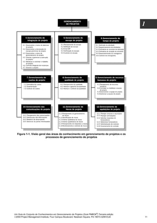 1




  Figura 1-1. Visão geral das áreas de conhecimento em gerenciamento de projetos e os
                         processos de gerenciamento de projetos




                                                                              ®
Um Guia do Conjunto de Conhecimentos em Gerenciamento de Projetos (Guia PMBOK ) Terceira edição
2004 Project Management Institute, Four Campus Boulevard, Newtown Square, PA 19073-3299 EUA      11
 
