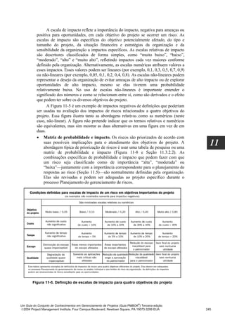 A escala de impacto reflete a importância do impacto, negativa para ameaças ou
          positiva para oportunidades, em cada objetivo do projeto se ocorrer um risco. As
          escalas de impacto são específicas do objetivo potencialmente afetado, do tipo e
          tamanho do projeto, da situação financeira e estratégias da organização e da
          sensibilidade da organização a impactos específicos. As escalas relativas de impacto
          são descritores classificados de forma simples, como “muito baixo”, “baixo”,
          “moderado”, “alto” e “muito alto”, refletindo impactos cada vez maiores conforme
          definido pela organização. Alternativamente, as escalas numéricas atribuem valores a
          esses impactos. Esses valores podem ser lineares (por exemplo, 0,1, 0,3, 0,5, 0,7, 0,9)
          ou não-lineares (por exemplo, 0,05, 0,1, 0,2, 0,4, 0,8). As escalas não-lineares podem
          representar o desejo da organização de evitar ameaças de alto impacto ou de explorar
          oportunidades de alto impacto, mesmo se elas tiverem uma probabilidade
          relativamente baixa. No uso de escalas não-lineares é importante entender o
          significado dos números e como se relacionam entre si, como são derivados e o efeito
          que podem ter sobre os diversos objetivos do projeto.
                A Figura 11-5 é um exemplo de impactos negativos de definições que poderiam
          ser usadas na avaliação dos impactos de riscos relacionados a quatro objetivos do
          projeto. Essa figura ilustra tanto as abordagens relativas como as numéricas (neste
          caso, não-linear). A figura não pretende indicar que os termos relativos e numéricos
          são equivalentes, mas sim mostrar as duas alternativas em uma figura em vez de em
          duas.
          • Matriz de probabilidade e impacto. Os riscos são priorizados de acordo com
              suas possíveis implicações para o atendimento dos objetivos do projeto. A
              abordagem típica de priorização de riscos é usar uma tabela de pesquisa ou uma
                                                                                                      11
              matriz de probabilidade e impacto (Figura 11-8 e Seção 11.3.2.2). As
              combinações específicas de probabilidade e impacto que podem fazer com que
              um risco seja classificado como de importância “alta”, “moderada” ou
              “baixa”—juntamente com a importância correspondente para o planejamento de
              respostas ao risco (Seção 11.5)—são normalmente definidas pela organização.
              Elas são revisadas e podem ser adequadas ao projeto específico durante o
              processo Planejamento do gerenciamento de riscos.




        Figura 11-5. Definição de escalas de impacto para quatro objetivos do projeto




                                                                              ®
Um Guia do Conjunto de Conhecimentos em Gerenciamento de Projetos (Guia PMBOK ) Terceira edição
2004 Project Management Institute, Four Campus Boulevard, Newtown Square, PA 19073-3299 EUA        245
 