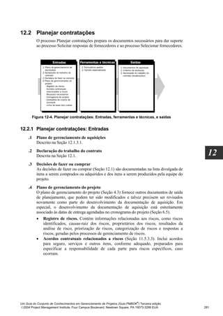 12.2 Planejar contratações
            O processo Planejar contratações prepara os documentos necessários para dar suporte
            ao processo Solicitar respostas de fornecedores e ao processo Selecionar fornecedores.




          Figura 12-4. Planejar contratações: Entradas, ferramentas e técnicas, e saídas


12.2.1 Planejar contratações: Entradas
     .1     Plano de gerenciamento de aquisições
            Descrito na Seção 12.1.3.1.
     .2     Declaração do trabalho do contrato
            Descrita na Seção 12.1.                                                                    12
     .3     Decisões de fazer ou comprar
            As decisões de fazer ou comprar (Seção 12.1) são documentadas na lista divulgada de
            itens a serem comprados ou adquiridos e dos itens a serem produzidos pela equipe do
            projeto.
     .4     Plano de gerenciamento do projeto
            O plano de gerenciamento do projeto (Seção 4.3) fornece outros documentos de saída
            de planejamento, que podem ter sido modificados e talvez precisem ser revisados
            novamente como parte do desenvolvimento da documentação de aquisição. Em
            especial, o desenvolvimento da documentação de aquisição está estreitamente
            associado às datas de entrega agendadas no cronograma do projeto (Seção 6.5).
            • Registro de riscos. Contém informações relacionadas aos riscos, como riscos
                identificados, causas-raiz dos riscos, proprietários dos riscos, resultados da
                análise de risco, priorização de riscos, categorização de riscos e respostas a
                riscos, geradas pelos processos de gerenciamento de riscos.
            • Acordos contratuais relacionados a riscos (Seção 11.5.3.3). Inclui acordos
                para seguro, serviços e outros itens, conforme adequado, preparados para
                especificar a responsabilidade de cada parte para riscos específicos, caso
                ocorram.




                                                                              ®
Um Guia do Conjunto de Conhecimentos em Gerenciamento de Projetos (Guia PMBOK ) Terceira edição
2004 Project Management Institute, Four Campus Boulevard, Newtown Square, PA 19073-3299 EUA         281
 