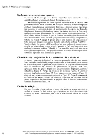 Apêndice A − Mudanças na Terceira edição




                     Mudanças nos nomes dos processos
                               Na terceira edição, sete processos foram adicionados, treze renomeados e dois
                               excluídos, obtendo-se um aumento líquido de cinco processos.
                                     Os nomes dos processos nos vários capítulos do Guia PMBOK® – Edição 2000
                               possuem formatos e estilos diferentes. Os estilos de nomeação inconsistentes podem
                               confundir os estudantes de gerenciamento de projetos e também pessoas experientes.
                               Por exemplo, os processos da área de conhecimento do escopo são Iniciação,
                               Planejamento do escopo, Definição do escopo, Verificação do escopo e Controle de
                               mudanças do escopo. Alguns desses são locuções verbais; outros são substantivos. O
                               efeito desses estilos diferentes é que os leitores não conseguem determinar de
                               imediato se um termo é uma atividade (um processo) ou uma entrega (um produto do
                               trabalho ou objeto). A equipe do projeto propôs uma mudança em larga escala de
                               todos os nomes dos processos para o formato verbo-objeto no Guia PMBOK® –
                               Terceira edição. No entanto, o PMI considerou que uma mudança de todos os nomes
                               poderia ser uma mudança extensa demais; portanto, o PMI autorizou apenas uma
                               mudança incremental no Guia PMBOK® – Terceira edição para incluir somente os
                               novos processos aprovados e um pequeno número de outros processos por razões
                               específicas explicadas mais adiante neste apêndice.

                     Eliminação das designações de processo essencial e facilitador
                               Os termos “processos facilitadores” e “processos essenciais” não são mais usados.
                               Esses termos foram eliminados para garantir que todos os processos de gerenciamento
                               de projetos nos grupos de processos de gerenciamento de projetos tenham o mesmo
                               nível de importância. Os processos de gerenciamento de projetos ainda estão
                               agrupados dentro dos grupos de processos de gerenciamento de projetos, conforme
                               indicado na Figura 3-5 Grupo de processos de iniciação; Figura 3-6 Grupo de
                               processos de planejamento; Figura 3-7 Grupo de processos de execução; Figura 3-8
                               Grupo de processos de monitoramento e controle; e Figura 3-9 Grupo de processos de
                               encerramento. Os 44 processos de gerenciamento de projetos são mapeados para os
                               grupos de processos de gerenciamento de projetos e para as áreas de conhecimento,
                               conforme mostrado na Tabela 3-45.

                     Estilos de redação
                               Um guia de estilo foi desenvolvido e usado pela equipe do projeto para criar e
                               finalizar as entradas. Foi dada atenção especial ao uso da voz ativa e à consistência de
                               conteúdo em todo o documento para evitar a ocorrência de estilos de redação
                               diferentes.




                            Um Guia do Conjunto de Conhecimentos em Gerenciamento de Projetos (Guia PMBOK®) Terceira edição
302                           2004 Project Management Institute, Four Campus Boulevard, Newtown Square, PA 19073-3299 EUA
 