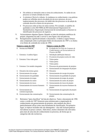 •   Ela enfatiza as interações entre as áreas de conhecimento. As saídas de um
                      processo se tornam entradas de outro.
                  • A estrutura é flexível e robusta. As mudanças no conhecimento e nas práticas
                      podem ser refletidas através da adição de um novo processo, de novo
                      seqüenciamento dos processos, da subdivisão dos processos ou da adição de
                      conteúdo descritivo dentro de um processo.
                  • Os processos estão na base de outras normas. Por exemplo, os padrões de
                      qualidade (a série ISO 9000) da ISO (International Organization for
                      Standardization, Organização internacional de normalização) se baseiam na
                      identificação dos processos de negócios.
          9.      Acrescentamos algumas figuras. Quando se trata de estruturas analíticas do
                  projeto, diagramas de rede e curvas S, uma figura vale mil palavras.
          10.     Reorganizamos significativamente o documento. A tabela a seguir fornece
                  uma comparação entre os principais títulos do documento de 1987 e os títulos
                  e/ou fontes de conteúdo da versão de 1996:
            Número e nome de 1987                           Número e nome de 1996
            0. Normas do PMBOK®                             B. Evolução de Um Guia do Conjunto de
                                                                Conhecimentos em Gerenciamento de
                                                                Projetos do PMI
            1. Estrutura: A análise lógica                  1. Introdução (definições básicas)
                                                            2. O contexto do projeto (ciclos de vida)
            2. Estrutura: Uma visão geral                   1. Várias partes
                                                            2. Várias partes
                                                            3. Várias partes
            3. Estrutura: Um modelo integrador              3. Processos de gerenciamento de projetos
                                                            4. Gerenciamento de integração do projeto
            4.   Glossário dos termos gerais                IV. Glossário
            A.   Gerenciamento do escopo                    5. Gerenciamento do escopo do projeto
            B.   Gerenciamento da qualidade                 8. Gerenciamento da qualidade do projeto
            C.   Gerenciamento de tempo                     6. Gerenciamento de tempo do projeto
            D.   Gerenciamento de custos                    7. Gerenciamento de custos do projeto          B
            E.   Gerenciamento de riscos                    11. Gerenciamento de riscos do projeto
            F.   Gerenciamento de recursos humanos          9. Gerenciamento de recursos humanos do
                                                                projeto
            G. Gerenciamento de                             12. Gerenciamento de aquisições do projeto
               contratos/aquisições
            H. Gerenciamento das comunicações               10. Gerenciamento das comunicações do
                                                                projeto
          11.     Retiramos “para classificar” da lista de objetivos. Tanto o documento de 1996
                  como a versão de 1987 fornecem uma estrutura para a organização do
                  conhecimento em gerenciamento de projetos, mas nenhum dos dois é
                  particularmente eficaz como uma ferramenta de classificação. Em primeiro
                  lugar, os tópicos incluídos não são abrangentes—eles não incluem práticas
                  inovadoras ou pouco comuns. Além disso, muitos elementos são relevantes
                  para mais de uma área de conhecimento ou processo, de forma que as
                  categorias não são exclusivas.




                                                                              ®
Um Guia do Conjunto de Conhecimentos em Gerenciamento de Projetos (Guia PMBOK ) Terceira edição
2004 Project Management Institute, Four Campus Boulevard, Newtown Square, PA 19073-3299 EUA             313
 