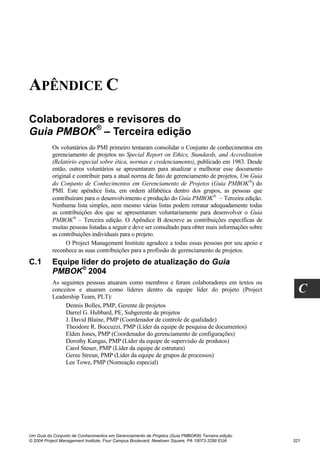 APÊNDICE C
Colaboradores e revisores do
Guia PMBOK® – Terceira edição
          Os voluntários do PMI primeiro tentaram consolidar o Conjunto de conhecimentos em
          gerenciamento de projetos no Special Report on Ethics, Standards, and Accreditation
          (Relatório especial sobre ética, normas e credenciamento), publicado em 1983. Desde
          então, outros voluntários se apresentaram para atualizar e melhorar esse documento
          original e contribuir para a atual norma de fato de gerenciamento de projetos, Um Guia
          do Conjunto de Conhecimentos em Gerenciamento de Projetos (Guia PMBOK) do
          PMI. Este apêndice lista, em ordem alfabética dentro dos grupos, as pessoas que
          contribuíram para o desenvolvimento e produção do Guia PMBOK – Terceira edição.
          Nenhuma lista simples, nem mesmo várias listas podem retratar adequadamente todas
          as contribuições dos que se apresentaram voluntariamente para desenvolver o Guia
          PMBOK – Terceira edição. O Apêndice B descreve as contribuições específicas de
          muitas pessoas listadas a seguir e deve ser consultado para obter mais informações sobre
          as contribuições individuais para o projeto.
                O Project Management Institute agradece a todas essas pessoas por seu apoio e
          reconhece as suas contribuições para a profissão de gerenciamento de projetos.
C.1       Equipe líder do projeto de atualização do Guia
          PMBOK® 2004
          As seguintes pessoas atuaram como membros e foram colaboradores em textos ou
          conceitos e atuaram como líderes dentro da equipe líder do projeto (Project
          Leadership Team, PLT):
                                                                                                       C
               Dennis Bolles, PMP, Gerente de projetos
               Darrel G. Hubbard, PE, Subgerente de projetos
               J. David Blaine, PMP (Coordenador de controle de qualidade)
               Theodore R. Boccuzzi, PMP (Líder da equipe de pesquisa de documentos)
               Elden Jones, PMP (Coordenador do gerenciamento de configurações)
               Dorothy Kangas, PMP (Líder da equipe de supervisão de produtos)
               Carol Steuer, PMP (Líder da equipe de estrutura)
               Geree Streun, PMP (Líder da equipe de grupos de processos)
               Lee Towe, PMP (Nomeação especial)




Um Guia do Conjunto de Conhecimentos em Gerenciamento de Projetos (Guia PMBOK®) Terceira edição
© 2004 Project Management Institute, Four Campus Boulevard, Newtown Square, PA 19073-3299 EUA        321
 