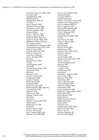 Apêndice B − Evolução de Um Guia do Conjunto de Conhecimentos em Gerenciamento de Projetos do PMI


                                Granville H. Jones, Sr., MBA, PMP              Kevin B. Jones, BMath, PMP
                                Tom Kerr, PMP                                  Ajmal Afzal Khan
                                Asadullah Khan, PMP                            Lucy Kim, PMP, PE
                                Mihail Kitanovski                              Jennifer Eileen Kraft
                                Takahiko Kuki, PMP, PE                         Polisetty V.S. Kumar, Mtech, PMP
                                Avis Kunz                                      Antonio Carlos Laranjo da Silva
                                John S. Layman, PMP                            Erik D. Lindquist, PMP, PE
                                Elizabeth Ann Long, PMP                        Raul S. Lopez, PE, PMP
                                Pier Paolo Lo Valvo, PMP                       Karen Griffin MacNeil, PMP
                                Sajith K. Madapatu, PMP                        Vijaya Kumar Mani, PMP
                                Enrique Martinez                               Victor J. Matheron, PMP
                                David L. McPeters, PMP                         Ed Mechler, PMP
                                Godfrey I. Meertens, PMP                       Richard Meertens, MBA, PMP
                                Gordon R. Miller, PMP, CCP                     Liu Min
                                Andrew H. Moore, MBA, PMP                      Colin Morris, PE, PMP
                                Mhlabaniseni Moses Mitmunye                    Charles L. Munch, PMP
                                K.S. Keshava Murthy                            Jo Musto, PMP
                                AnathaKrishnan S. Nallepally, PMP              NB Narayanan
                                Vijayalakshimi Neela, MCA, PMP                 Beatrice Nelson, PMP
                                Brian D. Nelson, PMP                           Isabella Nizza, PMP
                                Kazuhiko Okubo, PE, PMP                        David M. Olson, MBA (ITM)
                                Jeffery L. Ottesen, PE                         Michael T. Ozeranic
                                Laura Dorival Paglione                         Glen R. Palmer
                                Jerry L. Partridge, PMP                        George Pasieka, PMP
                                Eric Patel                                     Sreenivasa Rao Potti, MCA, PMP
                                Manohar Powar, PMP                             Patrick J. Quairoli
                                Ge Qun                                         Vara Prasad Raju Kunada
                                Prem Ranganath, PMP                            Raju Rao, PMP
                                Ulka Rathi                                     Tony Raymond
                                Vijay Sai Reddy, PMP, CSQA                     J. Logan C. Rice
                                Steven Ricks, PMP                              Thad B. Ring, PMP
                                Dee Rizor                                      Susan Rizzi
                                Michael C. Roach                               Alexandre G. Rodrigues, PhD
                                Cheryl N. Rogers, PMP                          Scott A. Rose, PMP
                                Ed Rosenstein, PMP                             Samuel S. Roth, PMP
                                Joseph A. Roushdi                              Gurdev Roy, PMP
                                Paul S. Royer, PMP                             James J. Rutushni, PMP
                                Frank Ryle, PMP                                Anjali Sabharwal, PMP
                                Srinivasa R. Sajja, PMP                        Nashaat A. Salman, PMP
                                Markus Scheibel, PMP, Dipl.-Ing.               John Schmitt, PMP
                                Amy Schneider, PMP                             Randa Schollmeyer, PMP
                                Andrea R. Scott                                Benjamin R. Sellers, PMP, CPCM
                                Tufan Sevim, PMP                               Sanjay Shah, PMP
                                Mundaje S. Shetty, PMP                         Kazuo Shimizu, PMP
                                Rali Shital                                    Ganga Siebertz
                                Larry Sieck                                    Melvin Silverman, PhD, PE
                                Richard L. Sinatra, PMP, PhD                   Raghavendra Singh
                                Edward Smith                                   Patricia Smith
                                Richard Spector, PMP                           Allison St. Jean
                                Donglin Su                                     Sambasivam S., PMP, CSQA
                                Karen Z. Sullivan, PMP                         Karen Tate, PMP, MBA
                                David E. Taylor, PMP                           James E. Teer, Jr.
                                Sai K. Thallam, MBA, PMP                       Surendra Tipparaju, ME
                                Massimo Torre, PhD, PMP                        Rogerio Carlos Traballi




                                                                                                          ®
                            Um Guia do Conjunto de Conhecimentos em Gerenciamento de Projetos (Guia PMBOK ) Terceira edição
324                           2004 Project Management Institute, Four Campus Boulevard, Newtown Square, PA 19073-3299 EUA
 