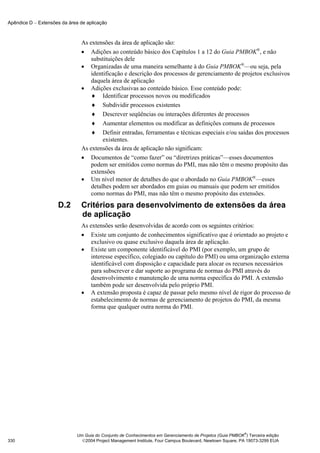 Apêndice D − Extensões da área de aplicação



                               As extensões da área de aplicação são:
                               • Adições ao conteúdo básico dos Capítulos 1 a 12 do Guia PMBOK®, e não
                                   substituições dele
                               • Organizadas de uma maneira semelhante à do Guia PMBOK®—ou seja, pela
                                   identificação e descrição dos processos de gerenciamento de projetos exclusivos
                                   daquela área de aplicação
                               • Adições exclusivas ao conteúdo básico. Esse conteúdo pode:
                                   ♦ Identificar processos novos ou modificados
                                   ♦ Subdividir processos existentes
                                   ♦ Descrever seqüências ou interações diferentes de processos
                                   ♦ Aumentar elementos ou modificar as definições comuns de processos
                                   ♦ Definir entradas, ferramentas e técnicas especiais e/ou saídas dos processos
                                        existentes.
                               As extensões da área de aplicação não significam:
                               • Documentos de “como fazer” ou “diretrizes práticas”—esses documentos
                                   podem ser emitidos como normas do PMI, mas não têm o mesmo propósito das
                                   extensões
                               • Um nível menor de detalhes do que o abordado no Guia PMBOK®—esses
                                   detalhes podem ser abordados em guias ou manuais que podem ser emitidos
                                   como normas do PMI, mas não têm o mesmo propósito das extensões.
                     D.2       Critérios para desenvolvimento de extensões da área
                               de aplicação
                               As extensões serão desenvolvidas de acordo com os seguintes critérios:
                               • Existe um conjunto de conhecimentos significativo que é orientado ao projeto e
                                   exclusivo ou quase exclusivo daquela área de aplicação.
                               • Existe um componente identificável do PMI (por exemplo, um grupo de
                                   interesse específico, colegiado ou capítulo do PMI) ou uma organização externa
                                   identificável com disposição e capacidade para alocar os recursos necessários
                                   para subscrever e dar suporte ao programa de normas do PMI através do
                                   desenvolvimento e manutenção de uma norma específica do PMI. A extensão
                                   também pode ser desenvolvida pelo próprio PMI.
                               • A extensão proposta é capaz de passar pelo mesmo nível de rigor do processo de
                                   estabelecimento de normas de gerenciamento de projetos do PMI, da mesma
                                   forma que qualquer outra norma do PMI.




                                                                                                           ®
                             Um Guia do Conjunto de Conhecimentos em Gerenciamento de Projetos (Guia PMBOK ) Terceira edição
330                            2004 Project Management Institute, Four Campus Boulevard, Newtown Square, PA 19073-3299 EUA
 