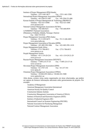 Apêndice E − Fontes de informações adicionais sobre gerenciamento de projetos



                                Institute of Project Management (IPM-Irlanda)
                                            Telefone: +353-1-661-4677           Fax: +353-1-661-3588
                                International Project Management Association (IPMA)
                                            Telefone: +44-1594-531-007          Fax: +44-1594-531-008
                                Korean Institute of Project Management & Technology (PROMAT)
                                            Telefone: +822-523-16446            Fax: +822-523-1680
                                            www.promat.or.kr
                                National Contract Management Association (NCMA)
                                            Telefone: +703-448-9231             Fax: +703-448-0939
                                A NORDNET National Associations
                                (Dinamarca, Finlândia, Islândia, Noruega e Suécia)
                                            Fax: +468-719-9316
                                Project Management Associates (PMA-Índia)
                                            Telefone: +91-11-852-6673           Fax: +91-11-646-4481
                                            www.pma.india.org
                                Project Management Association of Slovakia (SPPR)
                                            Telefone: +421-805-599-1806         Fax: +421-805-599-1-818
                                Project Management South Africa
                                            Telefone:+2711-706-6813             Fax: +2711-706-6813
                                            www.pmisa.co.za
                                Projekt Management Austria
                                            Telefone: +43-1-319-29-210          Fax: +43-1-319-29-21-29
                                            www.p-m-a.at
                                Russian Project Management Association (SOVNET)
                                            Telefone: +7-095-215-37-18          Fax: +7-095-215-37-18
                                            www.sovnet.ru
                                Slovenian Project Management Association (ZPM)
                                            Telefone: +61-1767-134              Fax: +61-217-341
                                            www.ipma.ch
                                Ukrainian Project Management Association (UPMA)
                                            Telefone: +38-044-459-3464 or +38-044-241-5400
                                            www.upma.kiev.ua
                                Além destas, existem várias outras organizações em áreas relacionadas, que podem
                                ser capazes de fornecer informações adicionais sobre gerenciamento de projetos. Por
                                exemplo:
                                      Academy of Management
                                      American Management Association International
                                      American Society for Quality Control
                                      Construction Industry Institute
                                      Construction Management Association of America (CMAA)
                                      Institute of Electrical and Electronics Engineers (IEEE)
                                      Institute of Industrial Engineers (IIE)
                                      International Council on Systems Engineering (INCOSE)
                                      National Association for Purchasing Management
                                      National Contract Management Association




                                                                                                            ®
                              Um Guia do Conjunto de Conhecimentos em Gerenciamento de Projetos (Guia PMBOK ) Terceira edição
334                             2004 Project Management Institute, Four Campus Boulevard, Newtown Square, PA 19073-3299 EUA
 