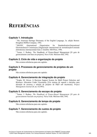 REFERÊNCIAS
REFERÊNCIAS




Capítulo 1. Introdução
              1
                The American Heritage Dictionary of the English Language, 3a. edição Boston:
              Houghton Mifflin Company, 1992.
              2
                ISO/IEC      (International    Organization     for     Standardization/International
              Electrotechnical Commission [Organização internacional de normalização/Comissão
              eletrotécnica internacional]) Guia 2. Genebra: ISO Press, 1996.
              3
                Turner, J. Rodney. The Handbook of Project-Based Management [O guia de
              gerenciamento com base em projetos]. Nova York: McGraw-Hill, 1992.

Capítulo 2. Ciclo de vida e organização do projeto
              Não existem referências para este capítulo.

Capítulo 3. Processos de gerenciamento de projetos de um
projeto
              Não existem referências para este capítulo.

Capítulo 4. Gerenciamento de integração do projeto
              4
               Ïyigün, M. Güven. A Decision Support System for R&D Project Selection and
              Resource Allocation Under Uncertainty [Um sistema de suporte a decisões para
              alocação de recursos e seleção de projetos de P&D sob incertezas]. Project
              Management Journal 24, no. 4 (1993).

Capítulo 5. Gerenciamento do escopo do projeto
              5
               Turner, J. Rodney. The Handbook of Project-Based Management [O guia de
              gerenciamento baseado em projetos]. Nova York: McGraw-Hill, 1992.

Capítulo 6. Gerenciamento de tempo do projeto
              Não existem referências para este capítulo.

Capítulo 7. Gerenciamento de custos do projeto
              Não existem referências para este capítulo.




                                                                              ®
Um Guia do Conjunto de Conhecimentos em Gerenciamento de Projetos (Guia PMBOK ) Terceira edição
2004 Project Management Institute, Four Campus Boulevard, Newtown Square, PA 19073-3299 EUA            345
 